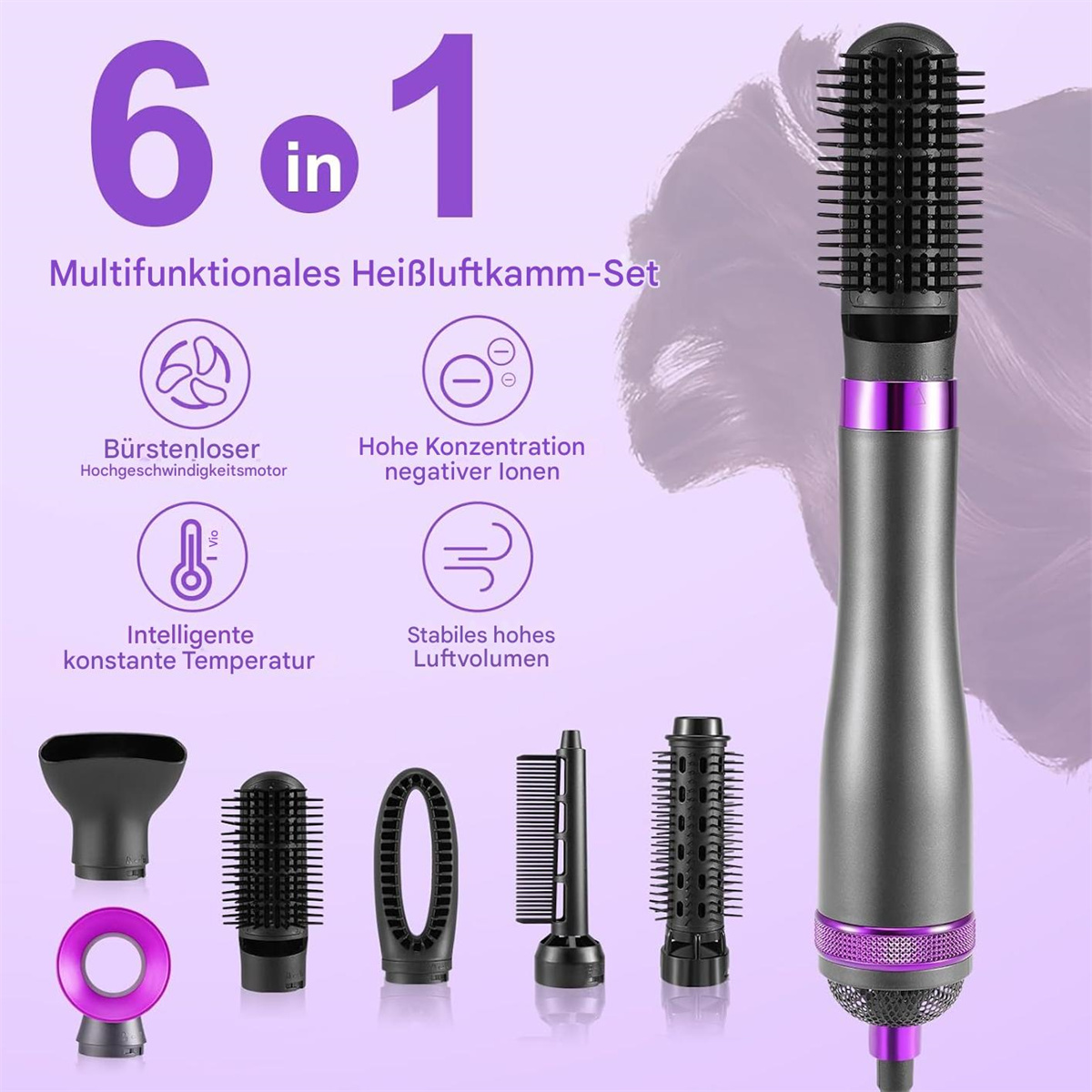 Ein Haarstyling-Werkzeug mit verschiedenen Aufsätzen, in Lila und Schwarz.