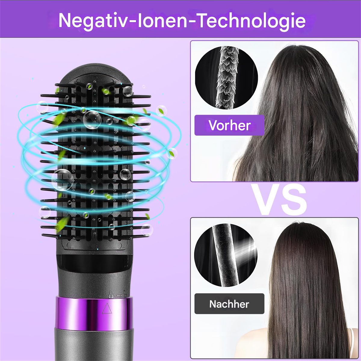Haartrocknerbürste, die Haare vor und nach dem Gebrauch zeigt.