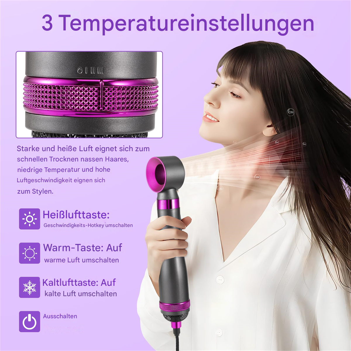 Eine Frau benutzt einen Haartrockner. Der Haartrockner hat 3 Temperatureinstellungen und ein lila-schwarzes Farbschema.