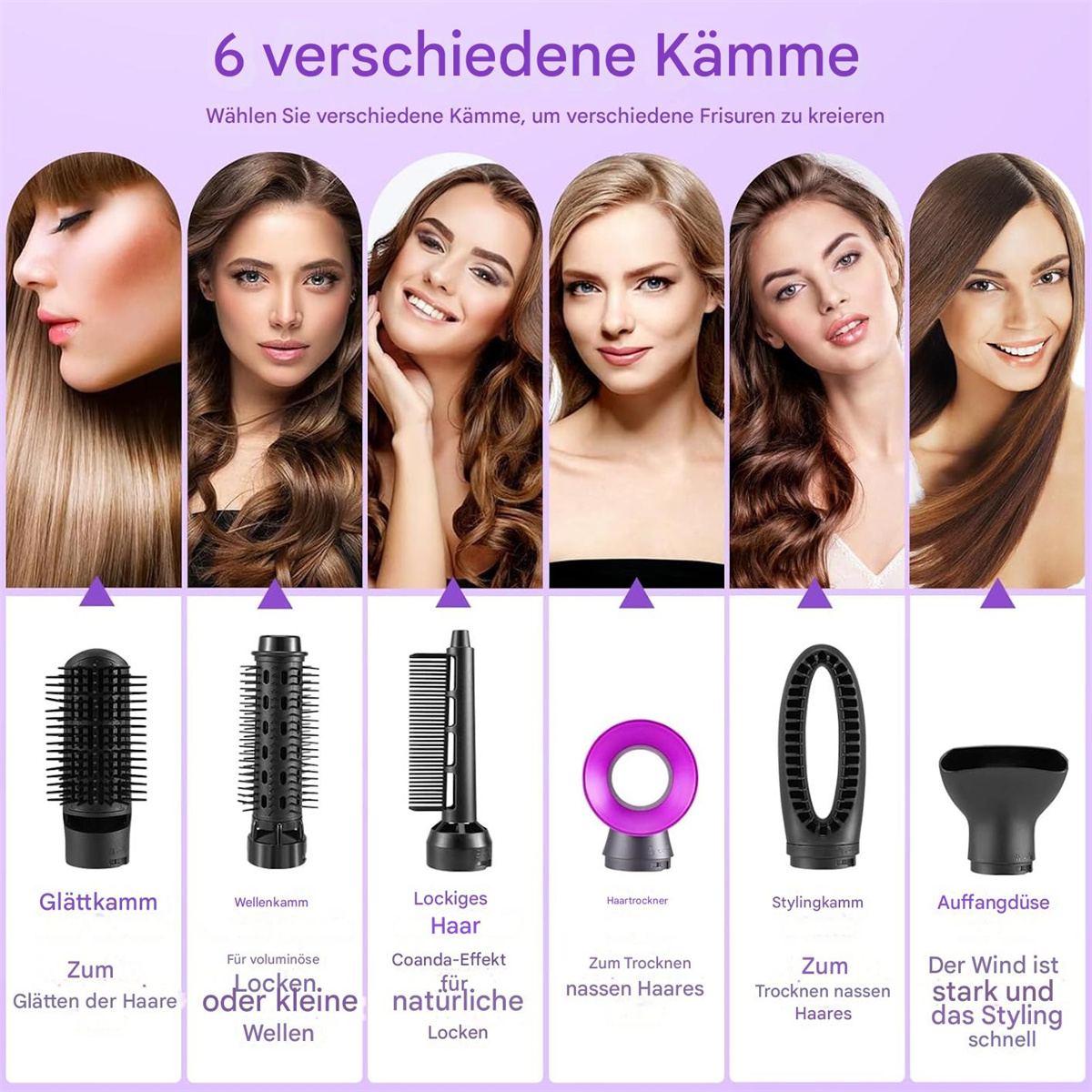 6 verschiedene Haarstyling-Tools mit Bildern von Frauen mit unterschiedlichen Frisuren. Text ist auf Deutsch.