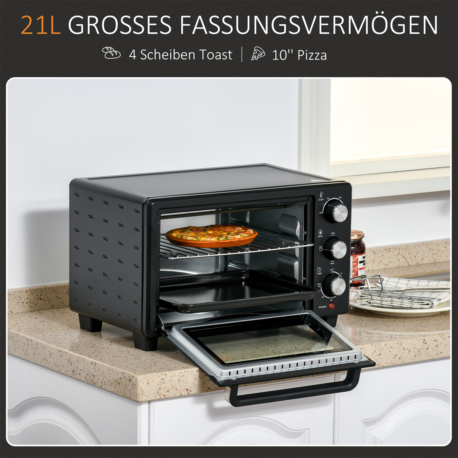 Schwarzer Ofen mit Pizza, auf Küchenarbeitsplatte, mit Text und Grafiken.