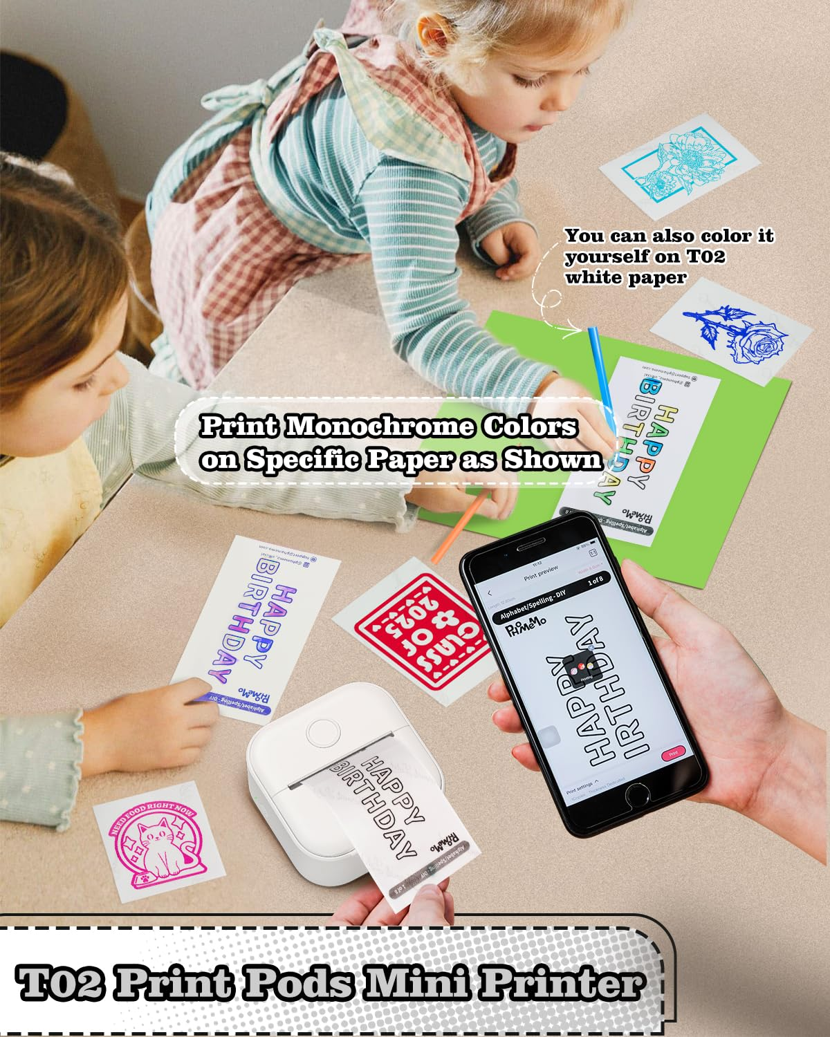 Zwei Kinder drucken farbenfrohe Bilder mit einem Mini-Drucker und einem Smartphone.