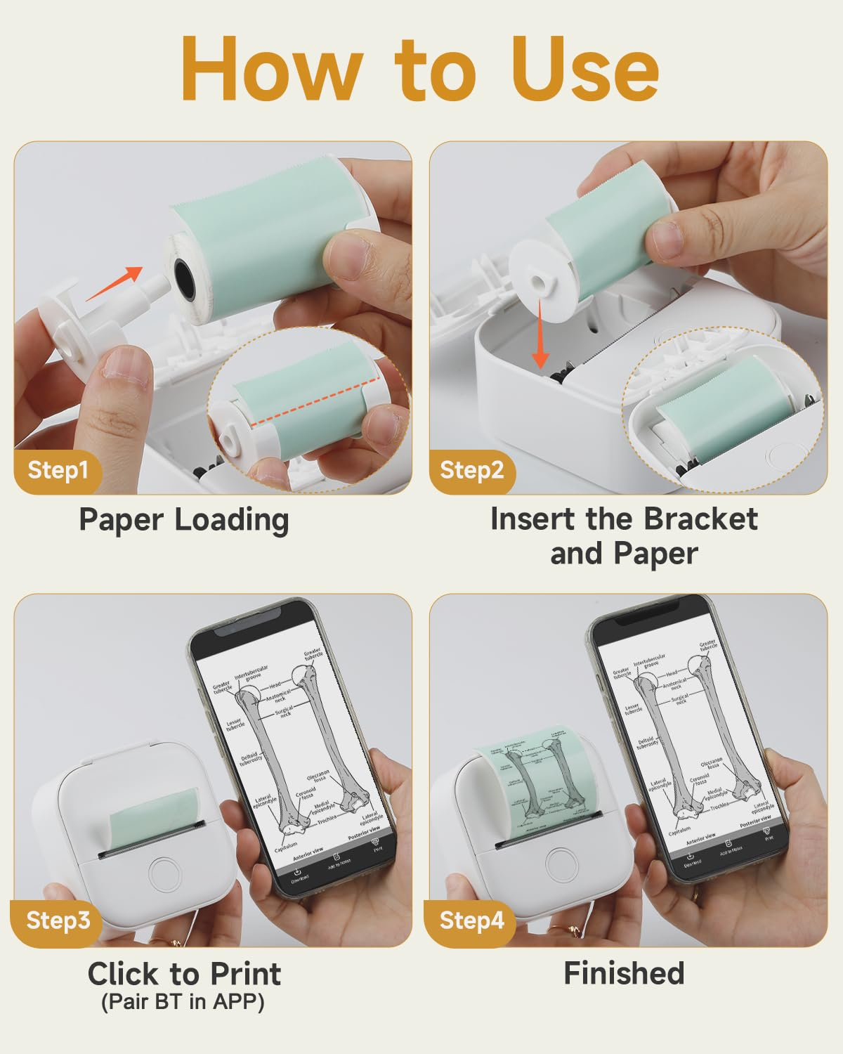 Schritt-für-Schritt-Anleitung zum Laden von Papier und Drucken mit einem tragbaren Drucker.