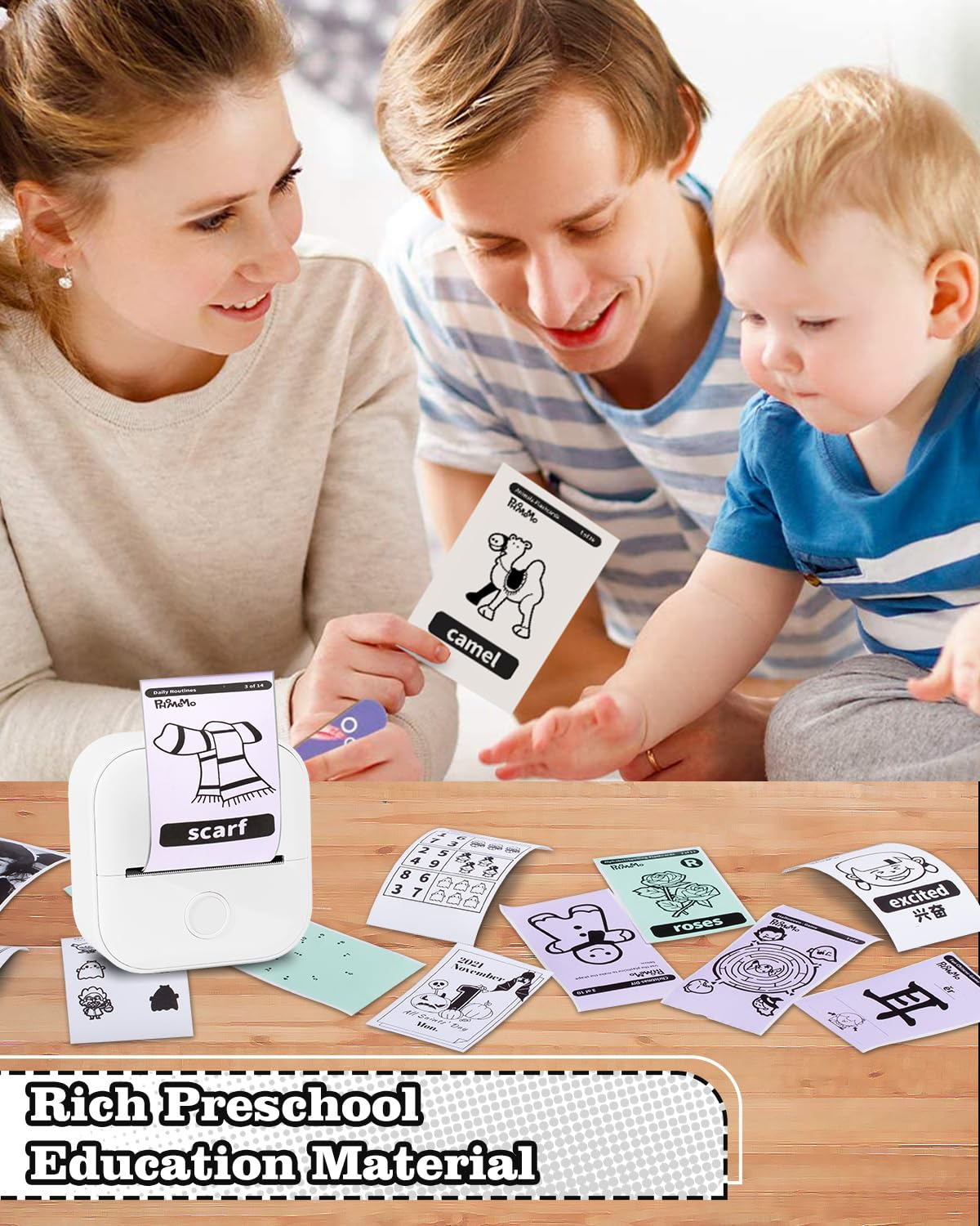 Familie mit Kind, das einen Drucker benutzt. Drucken von Lernkarten mit Bildern und Wörtern.