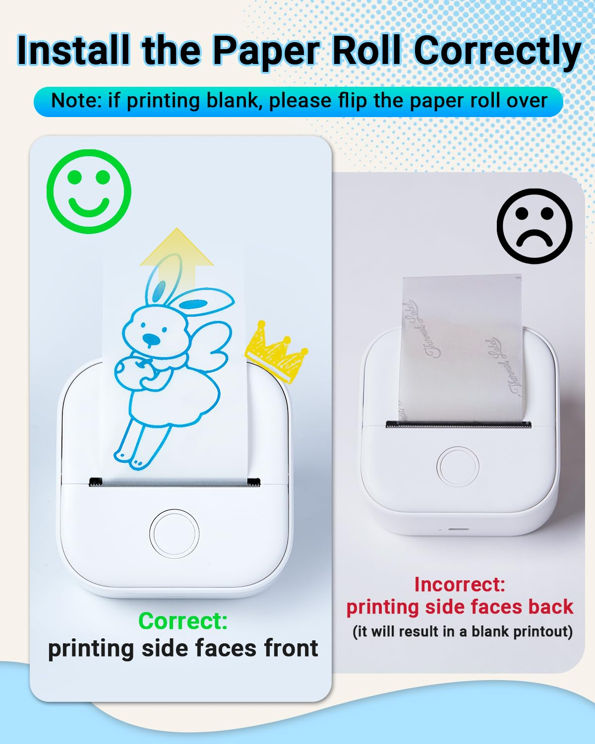 Ein Drucker zeigt die korrekte und falsche Installation der Papierrolle. Korrekt hat Smiley, falsch hat trauriges Gesicht.