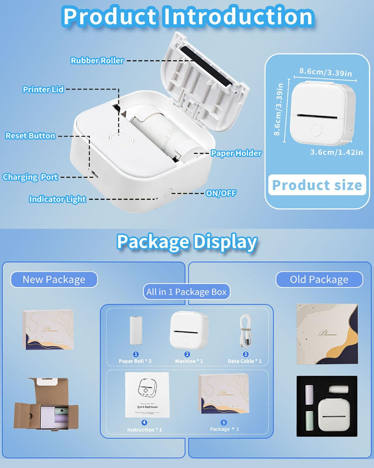 Weißer tragbarer Etikettendrucker mit Papierrolle und Zubehör. Paket-Displays.