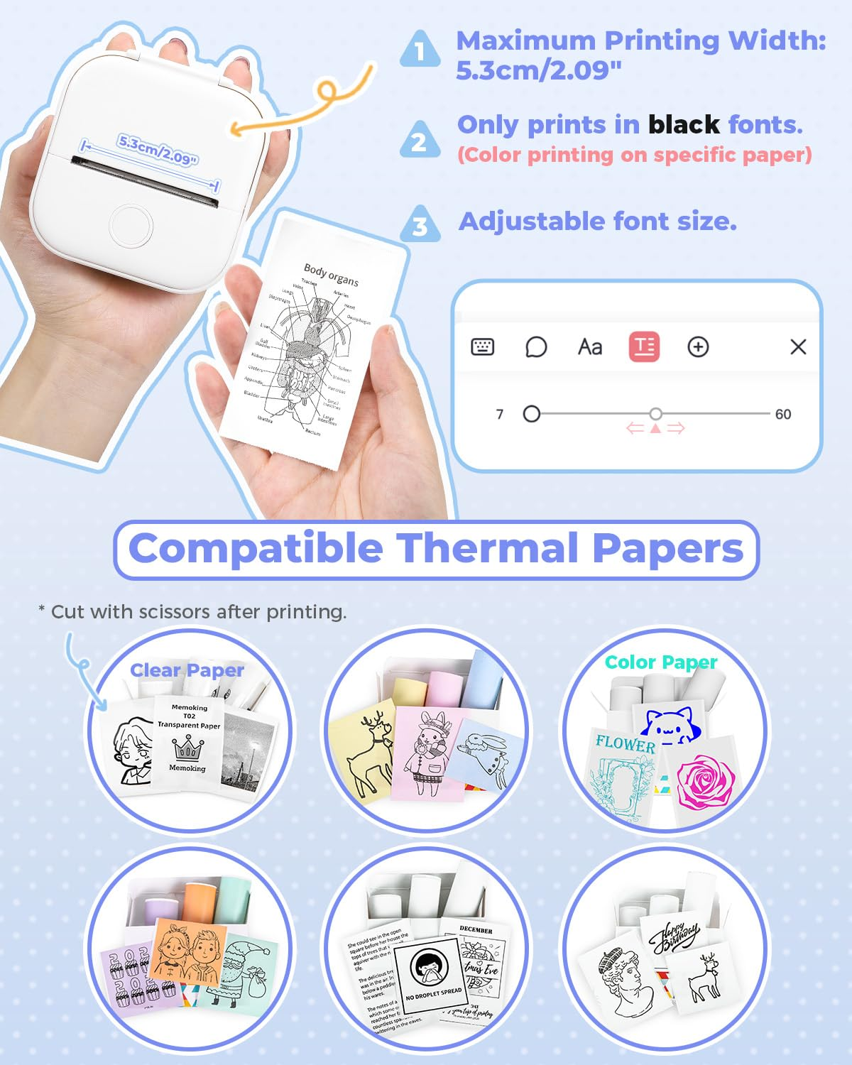 Thermodrucker mit Ausdrucken von Diagrammen und Zeichnungen, kompatibel mit Thermopapieren.