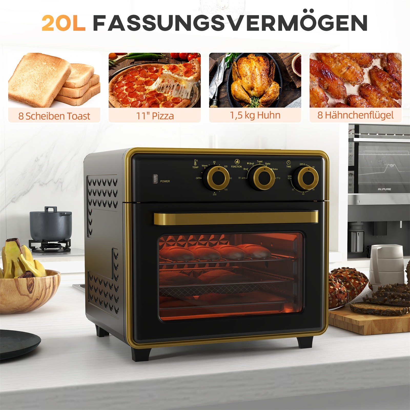 Schwarz-goldener Heißluftfritteusenofen mit verschiedenen Lebensmitteln und Maßen, auf Küchentheke.