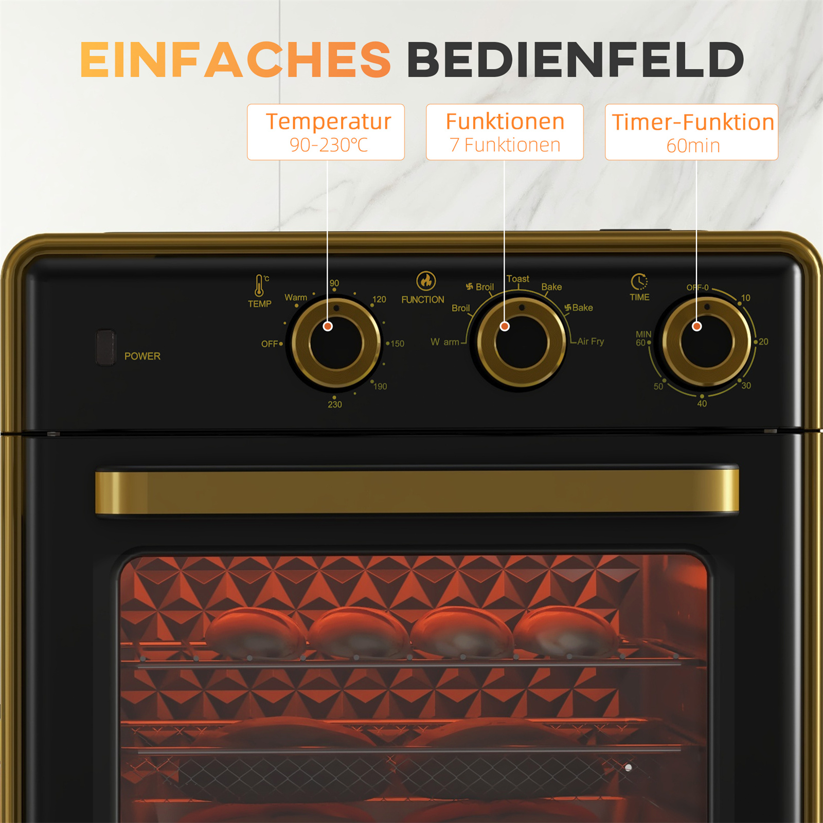 Nahaufnahme des Backofen-Bedienfelds mit Temperatur-, Funktions- und Timereinstellungen. Backofentür offen, Brötchen drin.