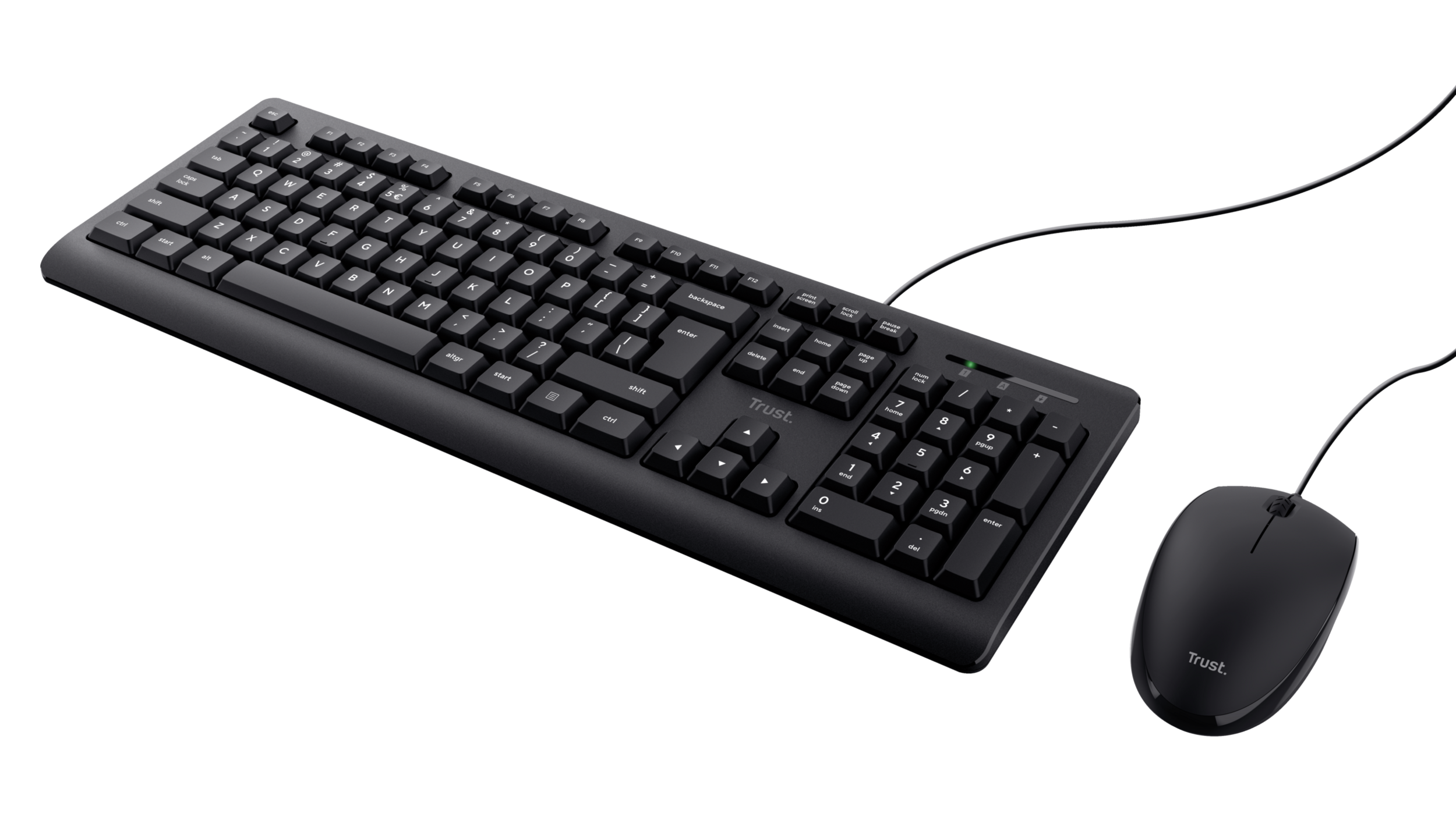 Schwarze Trust-Tastatur und -Maus auf schwarzem Hintergrund. Die Maus ist kabelgebunden.