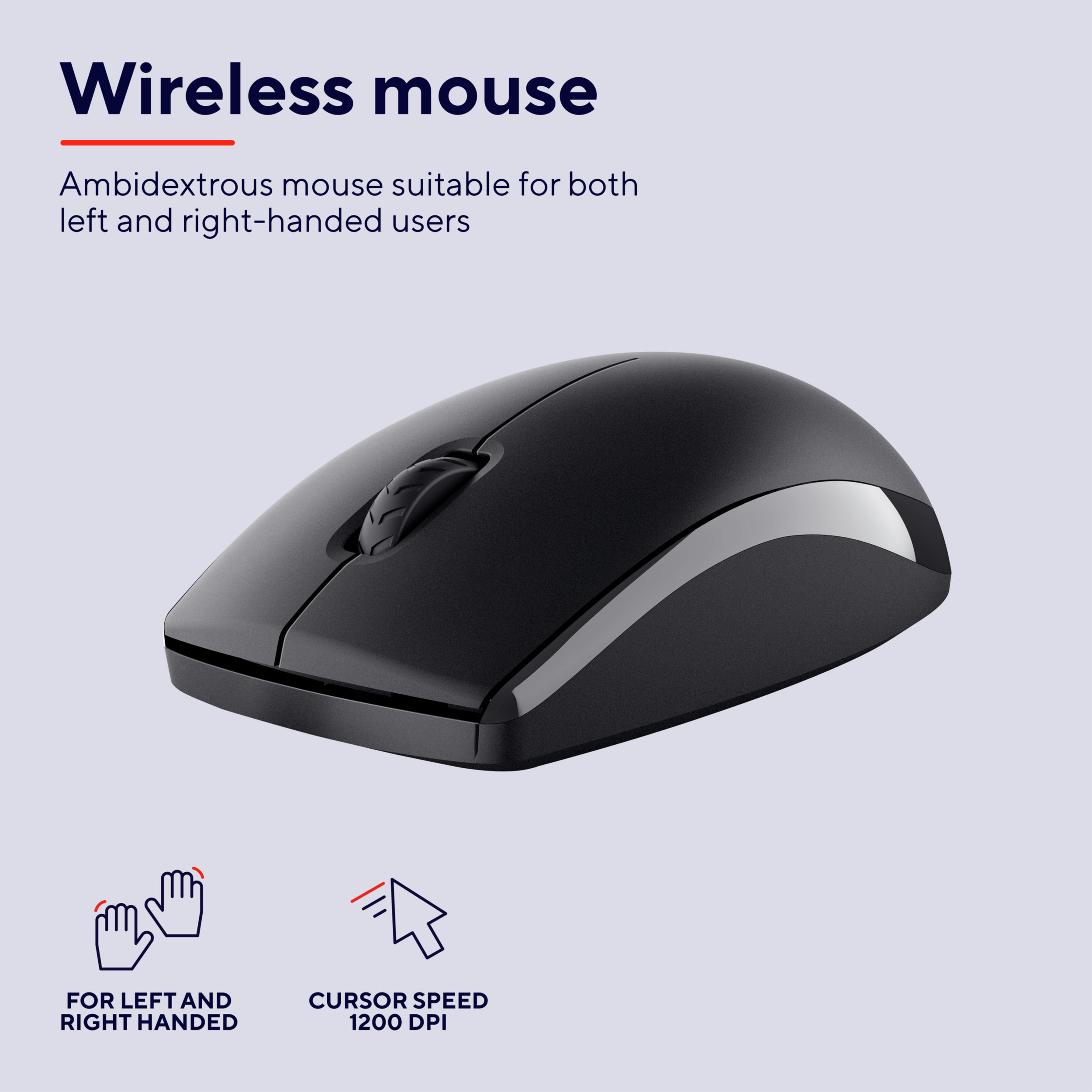 Czarna mysz bezprzewodowa. Ikony: Dla lewo- i praworęcznych, 1200 DPI.