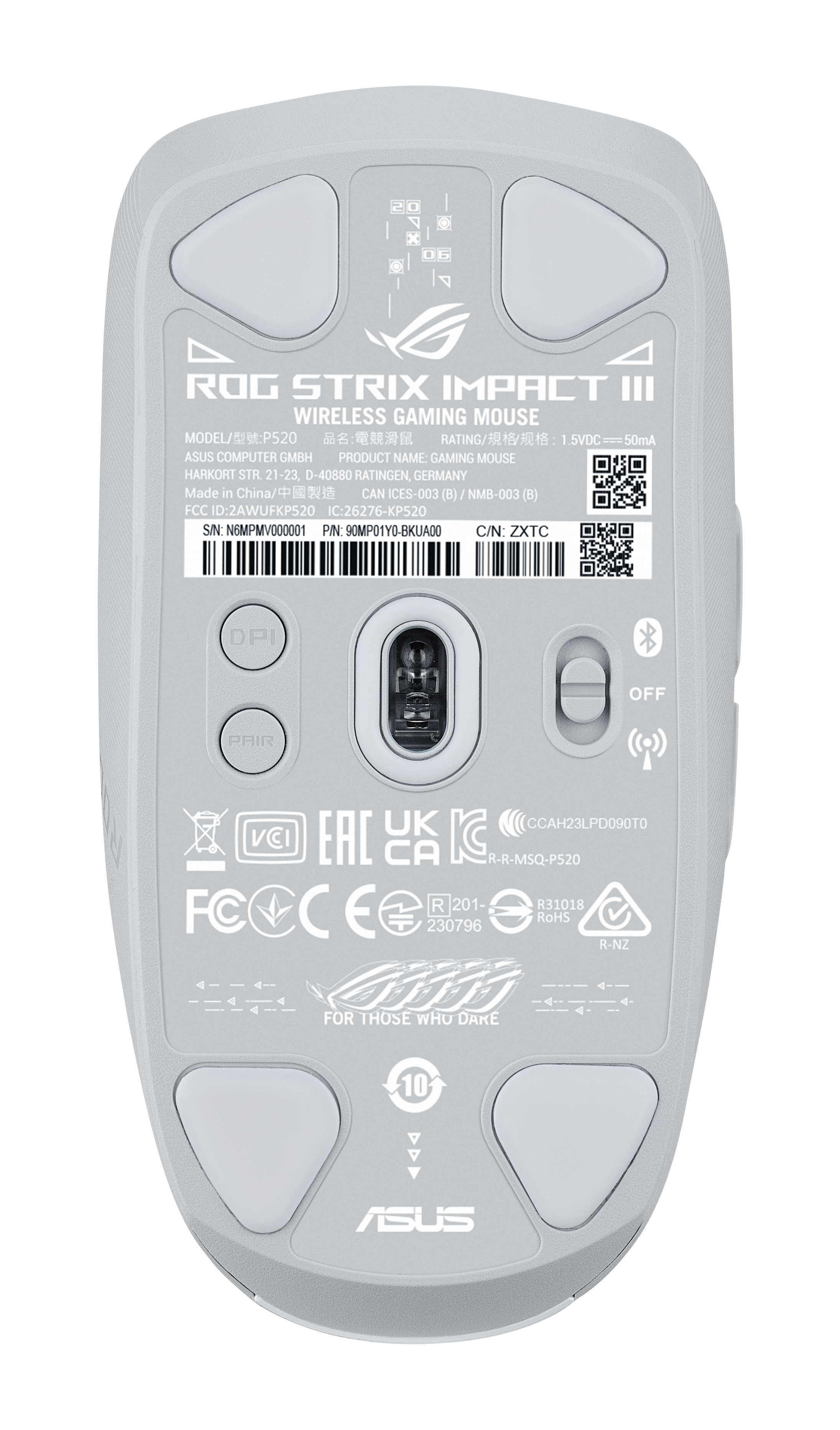 Biała mysz do gier, widok od spodu, z przyciskami, logo i oznaczeniami.