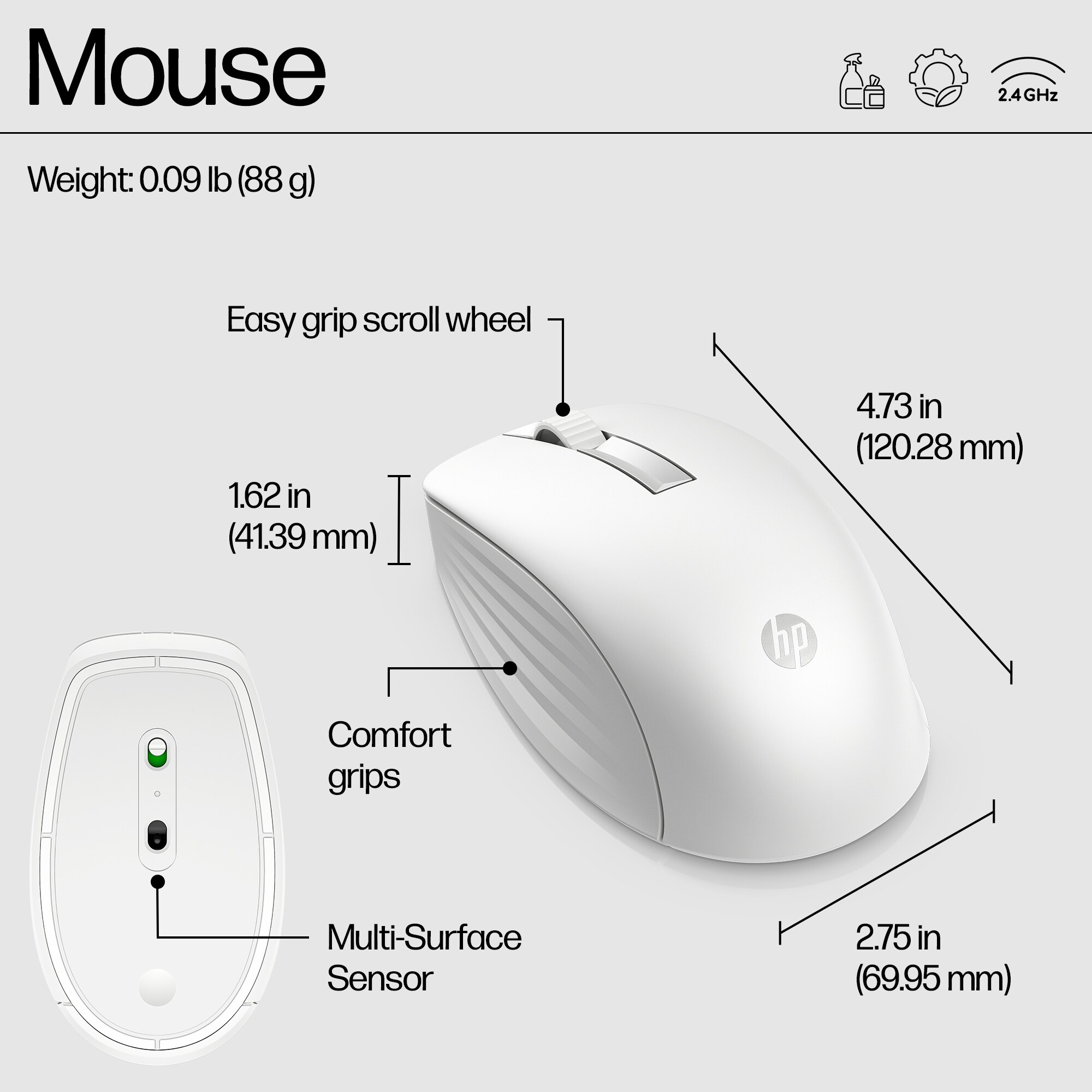 Weiße Maus mit leichtgängigem Scrollrad und Komfortgriffen. Multi-Oberflächen-Sensor.