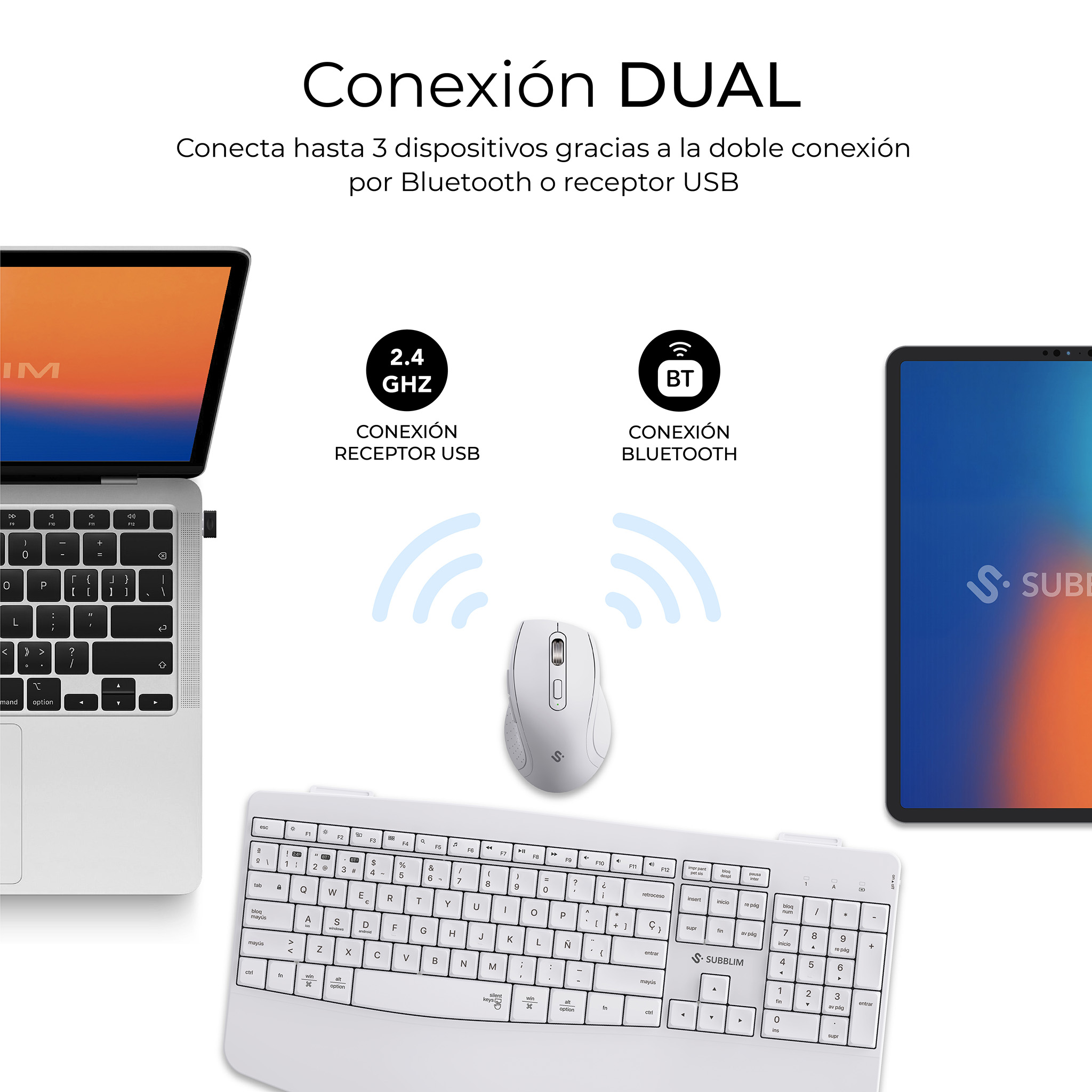 Laptop, tablet i biała klawiatura połączone przez Bluetooth i USB. Bezprzewodowa mysz pośrodku.