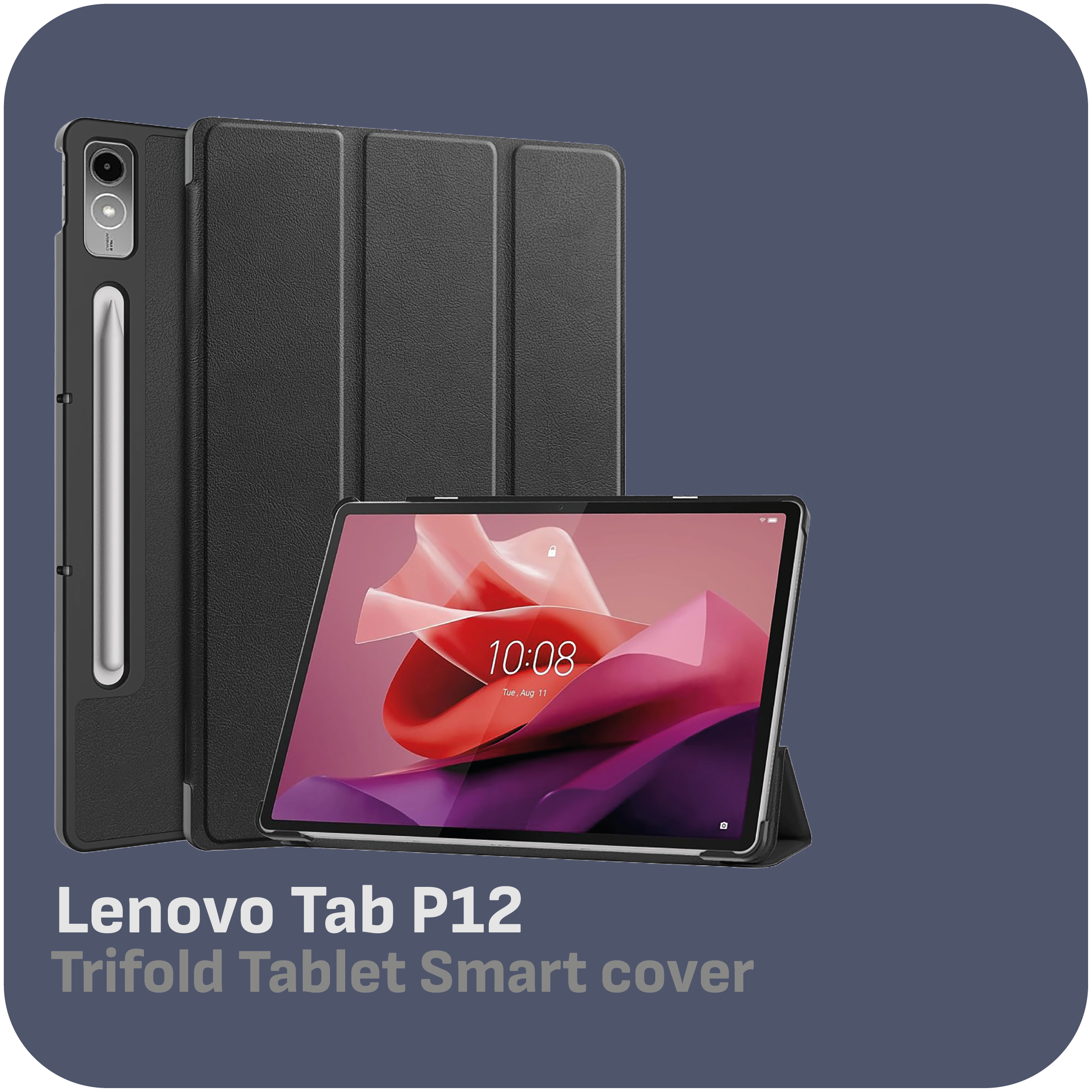 Tablet mit Hülle, gekennzeichnet als Lenovo Tab P12, Smart Cover, auf dunkelblauem Hintergrund.