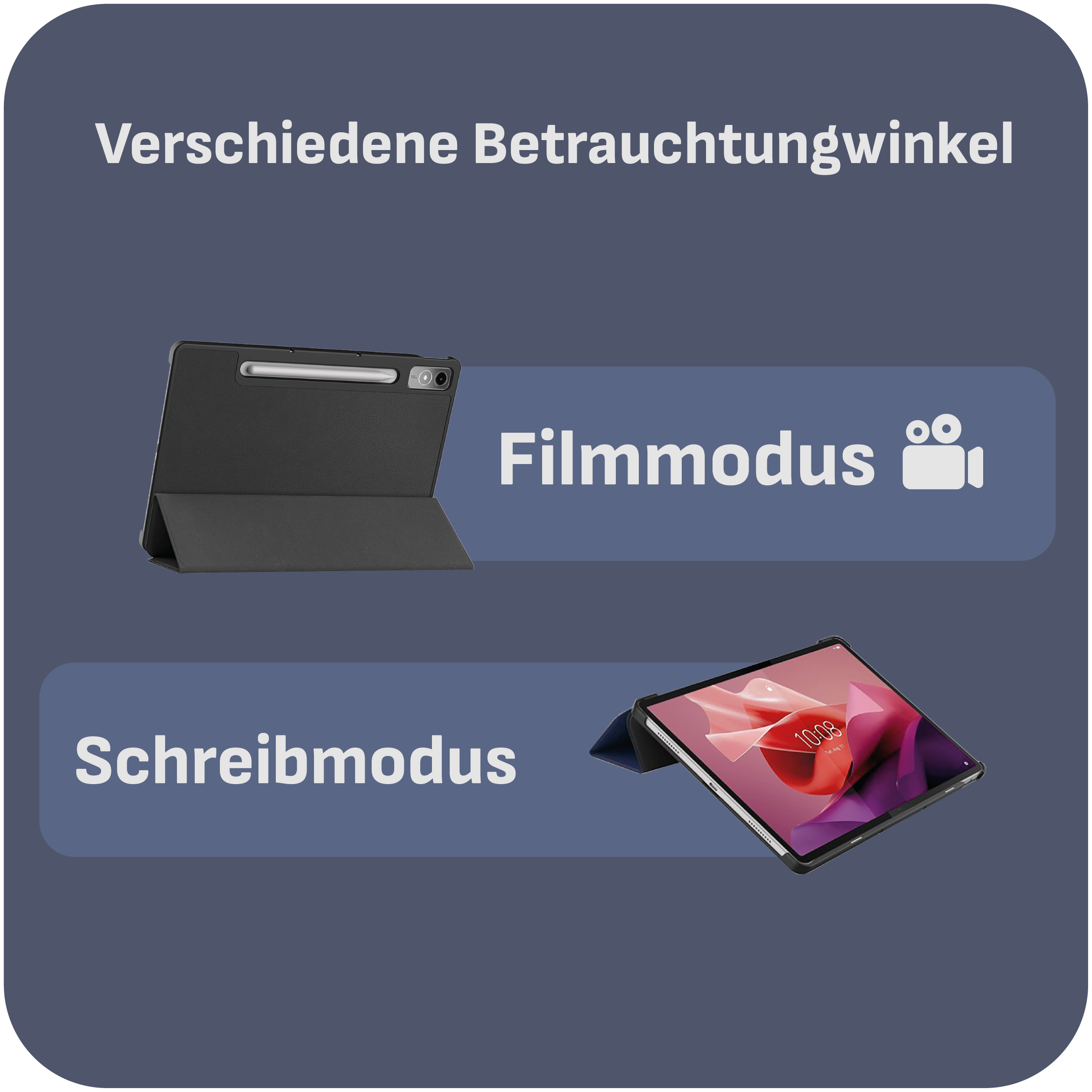 Tablet in zwei Modi: Filmmodus und Schreibmodus, verschiedene Betrachtungswinkel, auf blauem Grund.