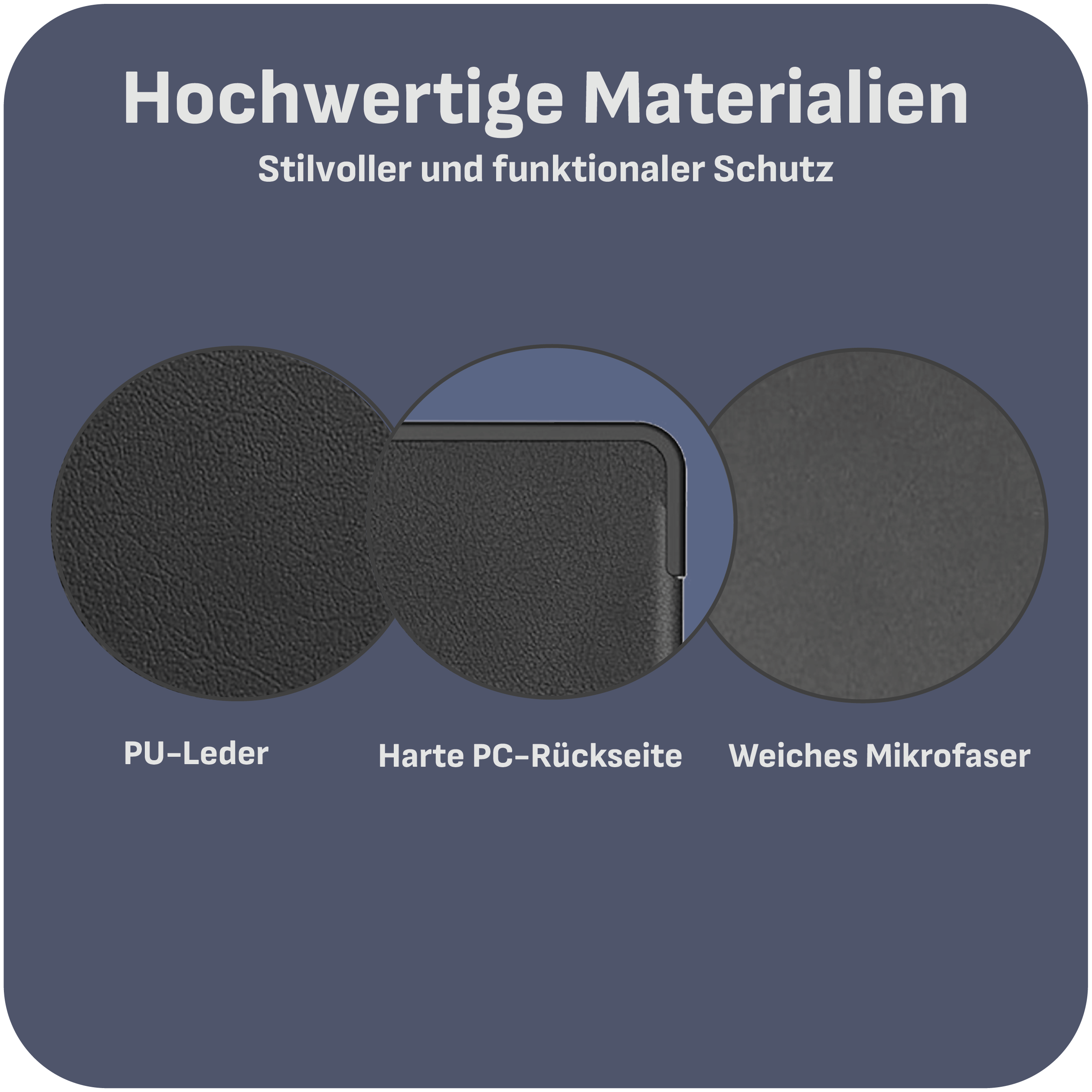 Drei Materialproben: PU-Leder, harte PC-Rückseite und weiche Mikrofaser, auf dunklem Hintergrund.