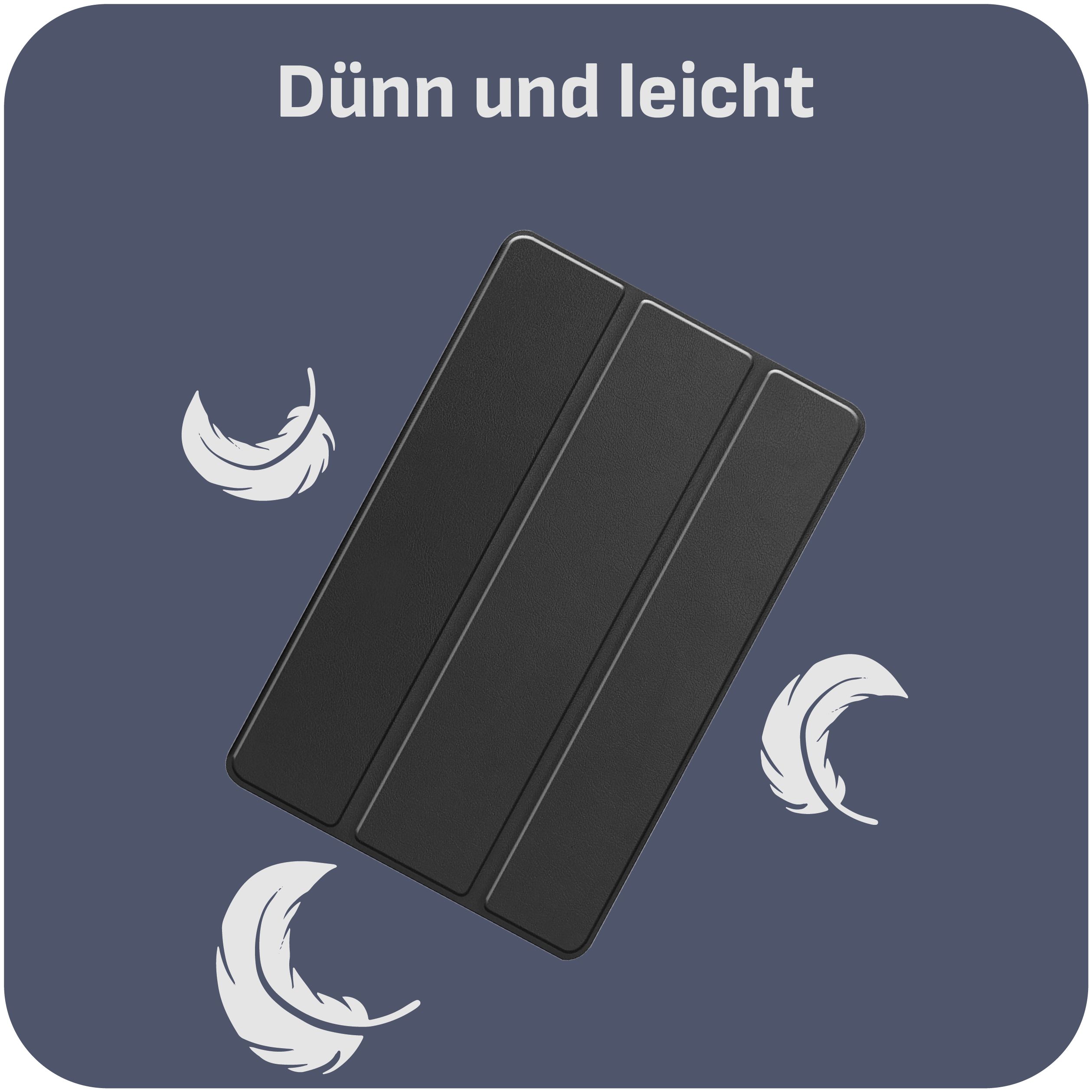 Schwarze Tablet-Hülle mit dem Text "Dünn und leicht" und weißen Federgrafiken.
