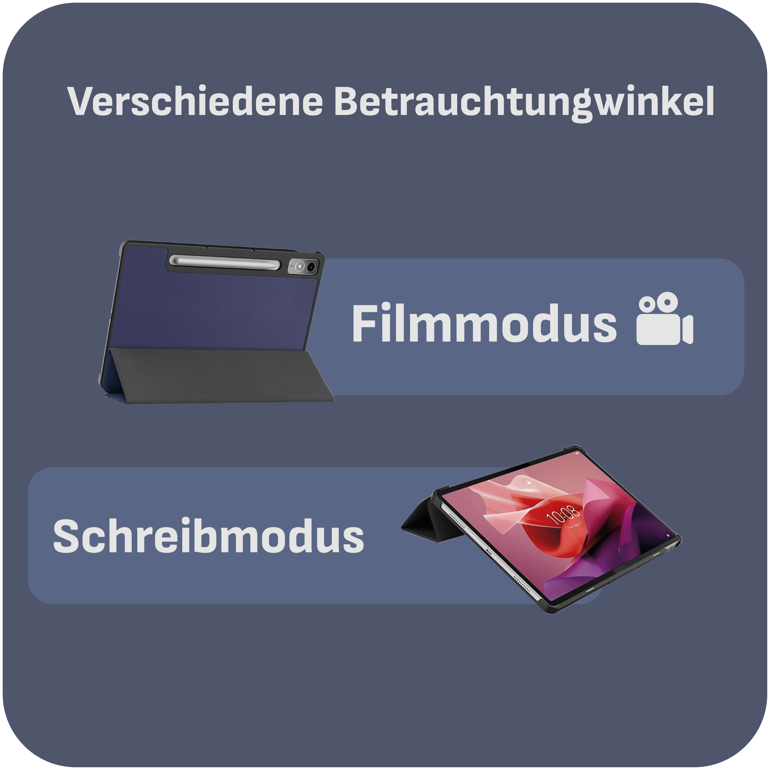 Tablet mit Hülle, zeigt Filmmodus und Schreibmodus. Blauer und weißer Hintergrund.