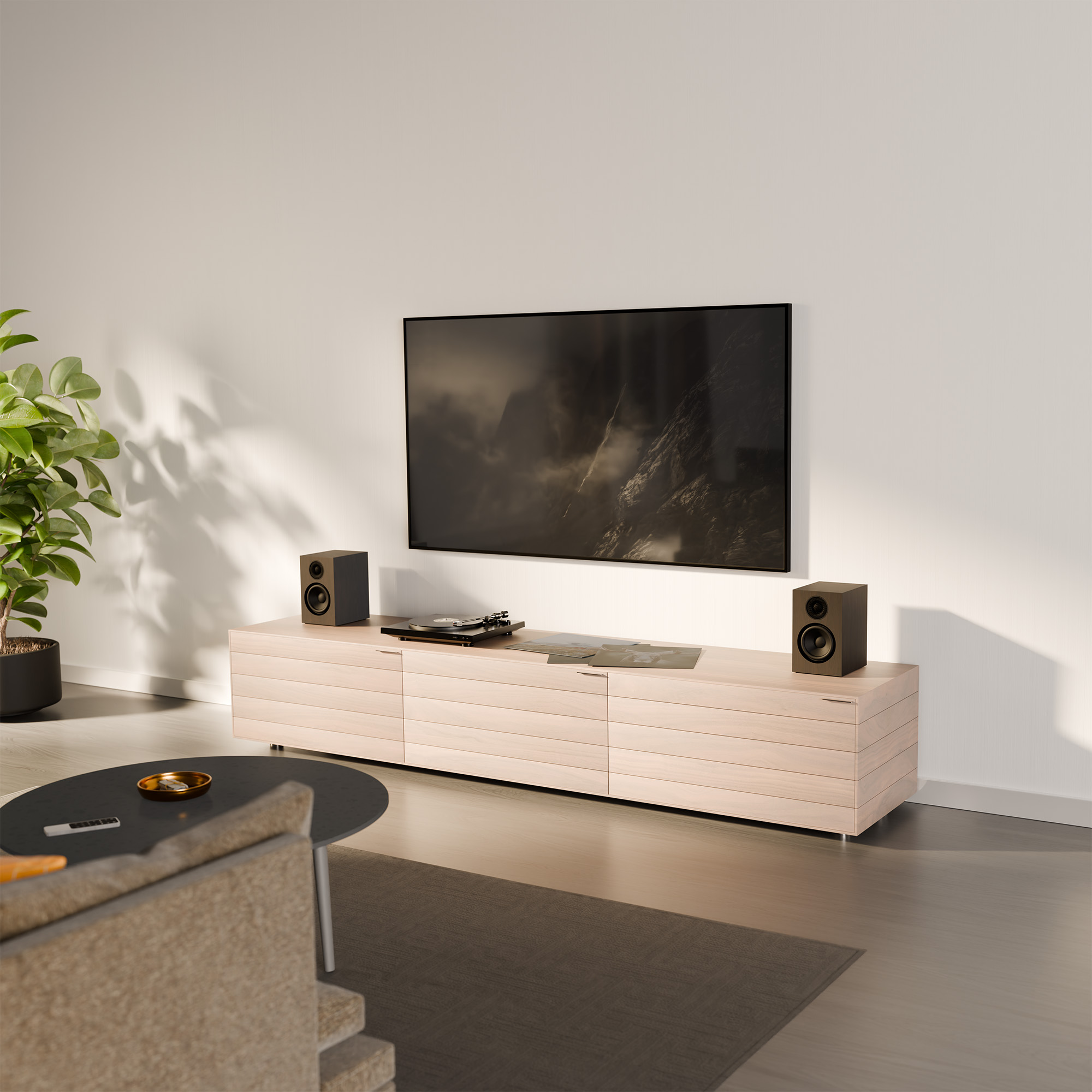 Un soggiorno con TV, impianto audio e altoparlanti su un mobile in legno. Sono presenti anche una pianta e un tappeto.