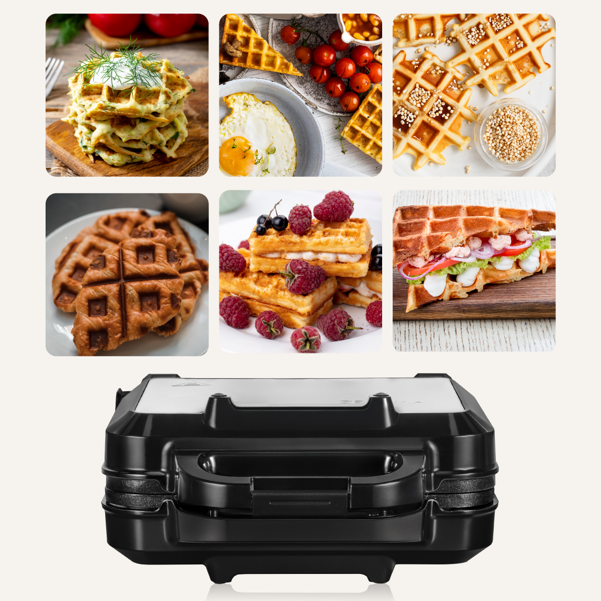 Sześć zdjęć gofrów, w tym z malinami, jajkami i gofrownicą.
