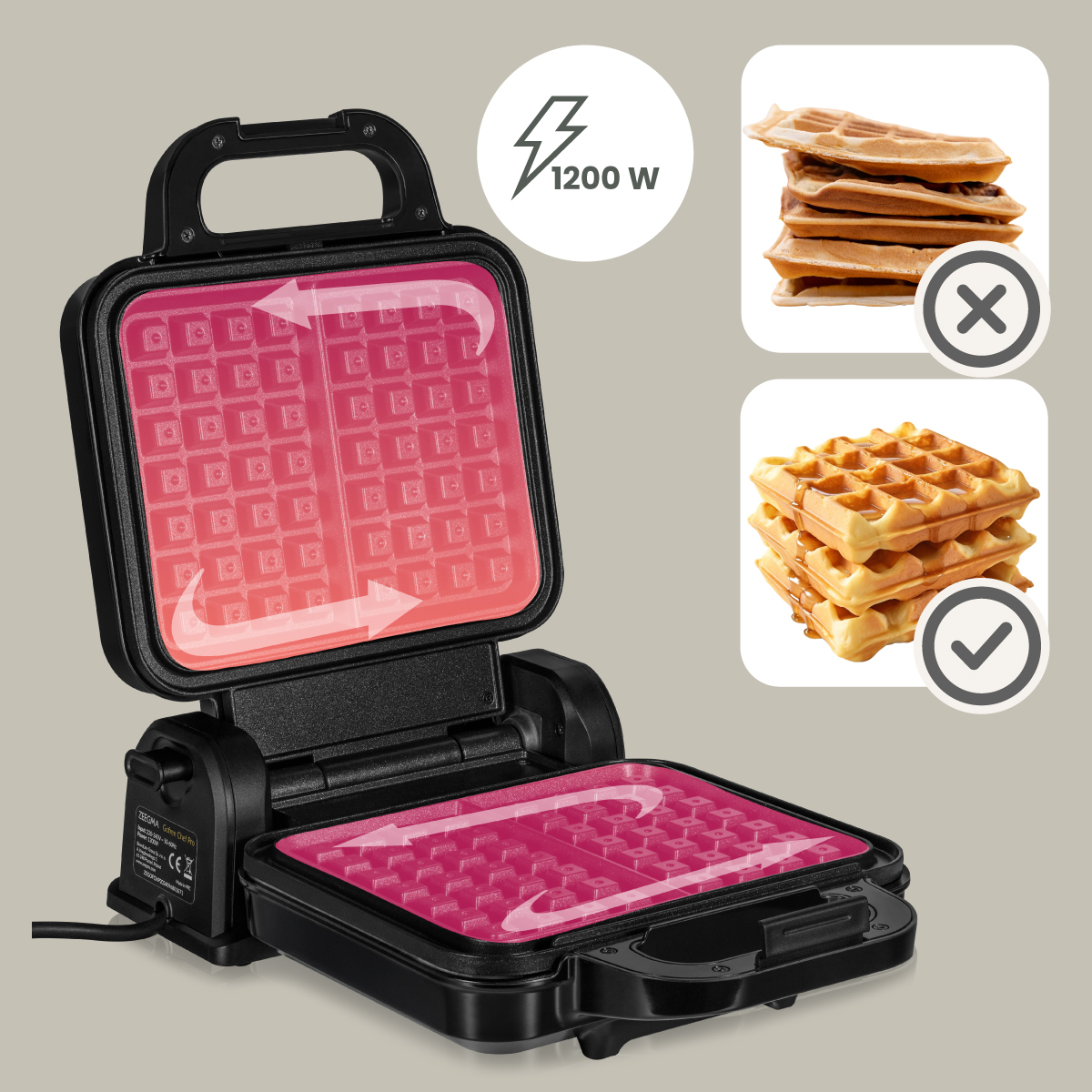 Gofrownica z goframi. Żelazko jest otwarte. Gofry na górze są odrzucane.