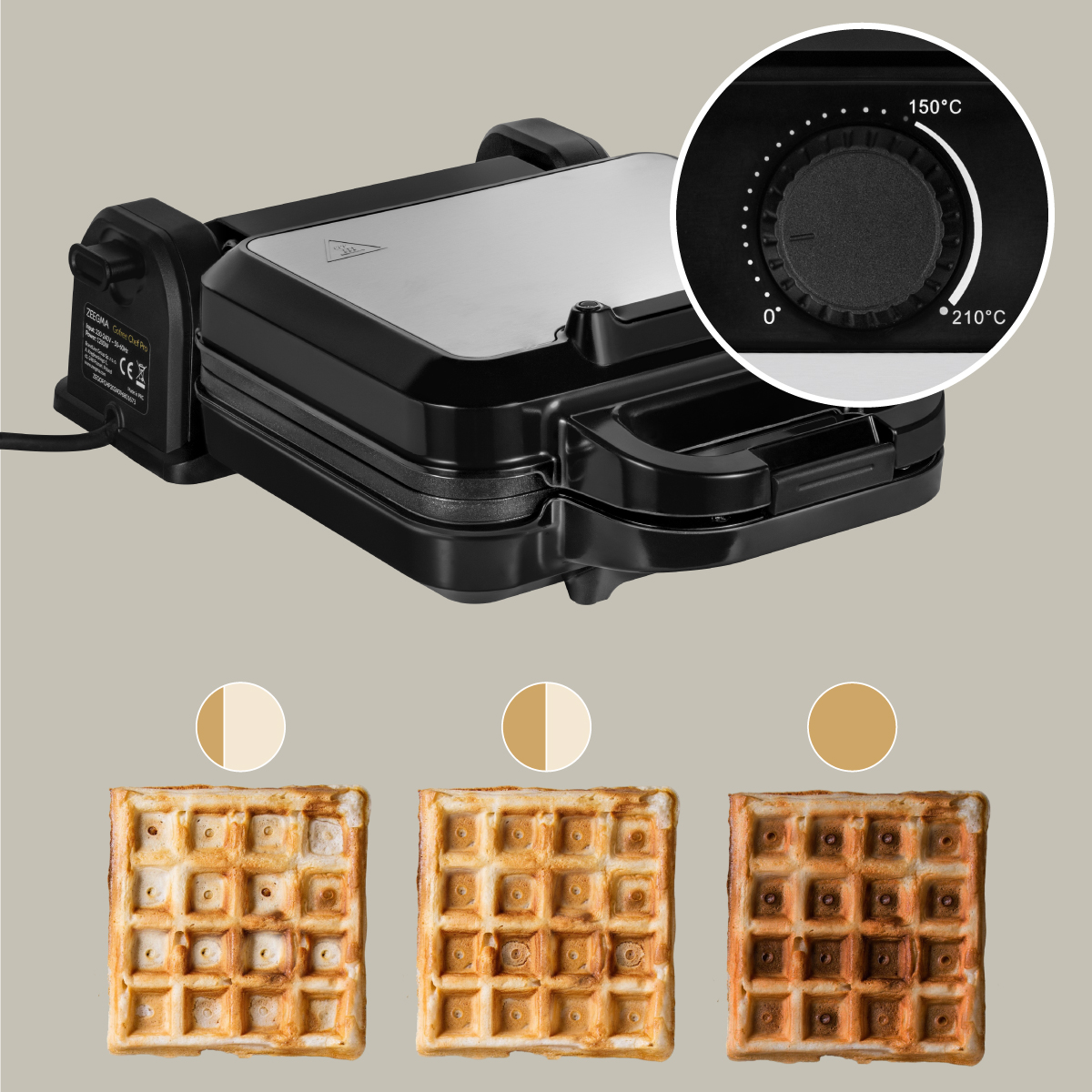 Gofrownica z trzema goframi pokazującymi różne stopnie zrumienienia. Pokrętło wskazuje temperaturę.