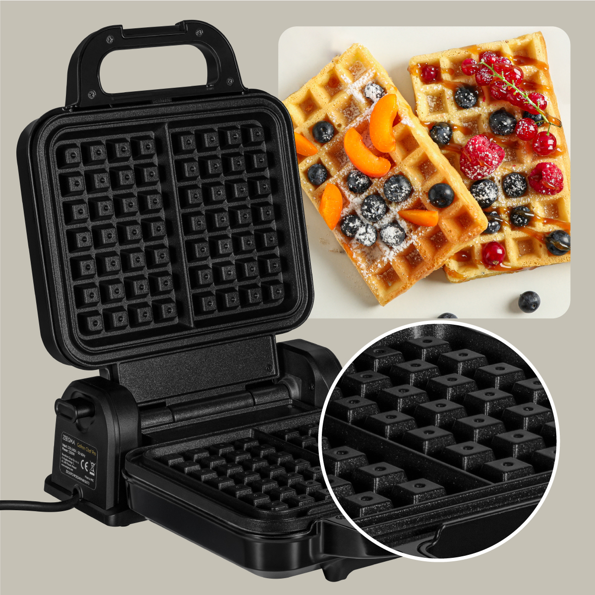 Gofrownica z goframi i dodatkami; zbliżenie na kratkę do gofrów.