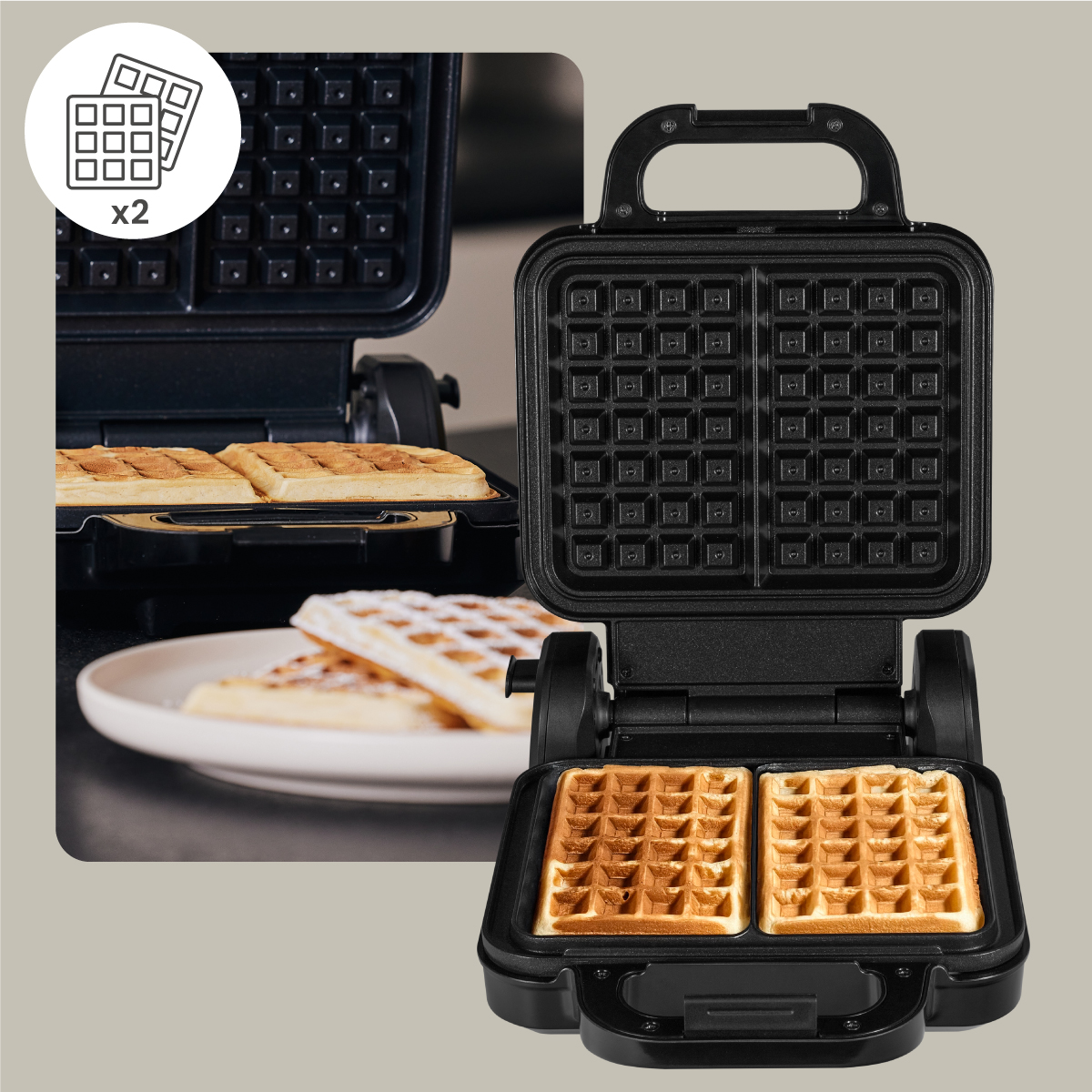 Czarny gofrownica z dwoma goframi w środku i goframi na talerzu w tle.
