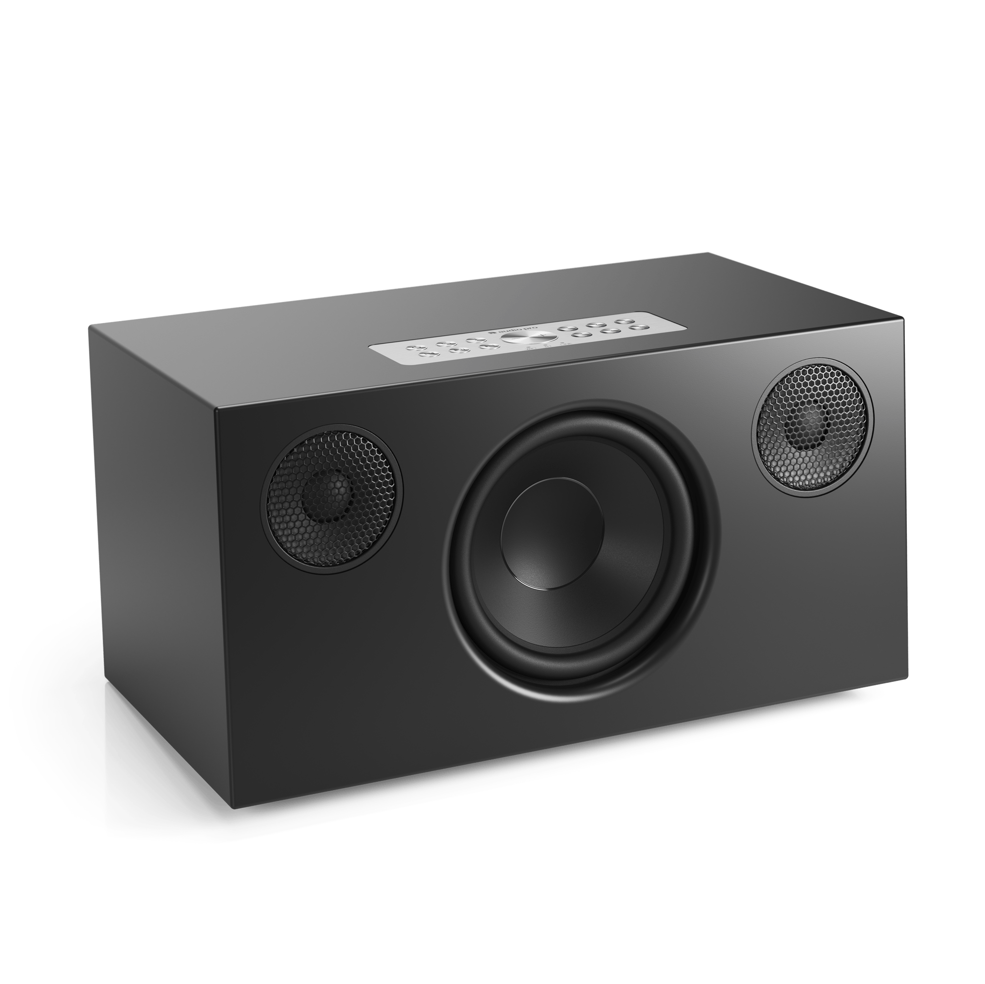 Un altoparlante nero con due altoparlanti e un subwoofer. Ha un pannello di controllo in alto.