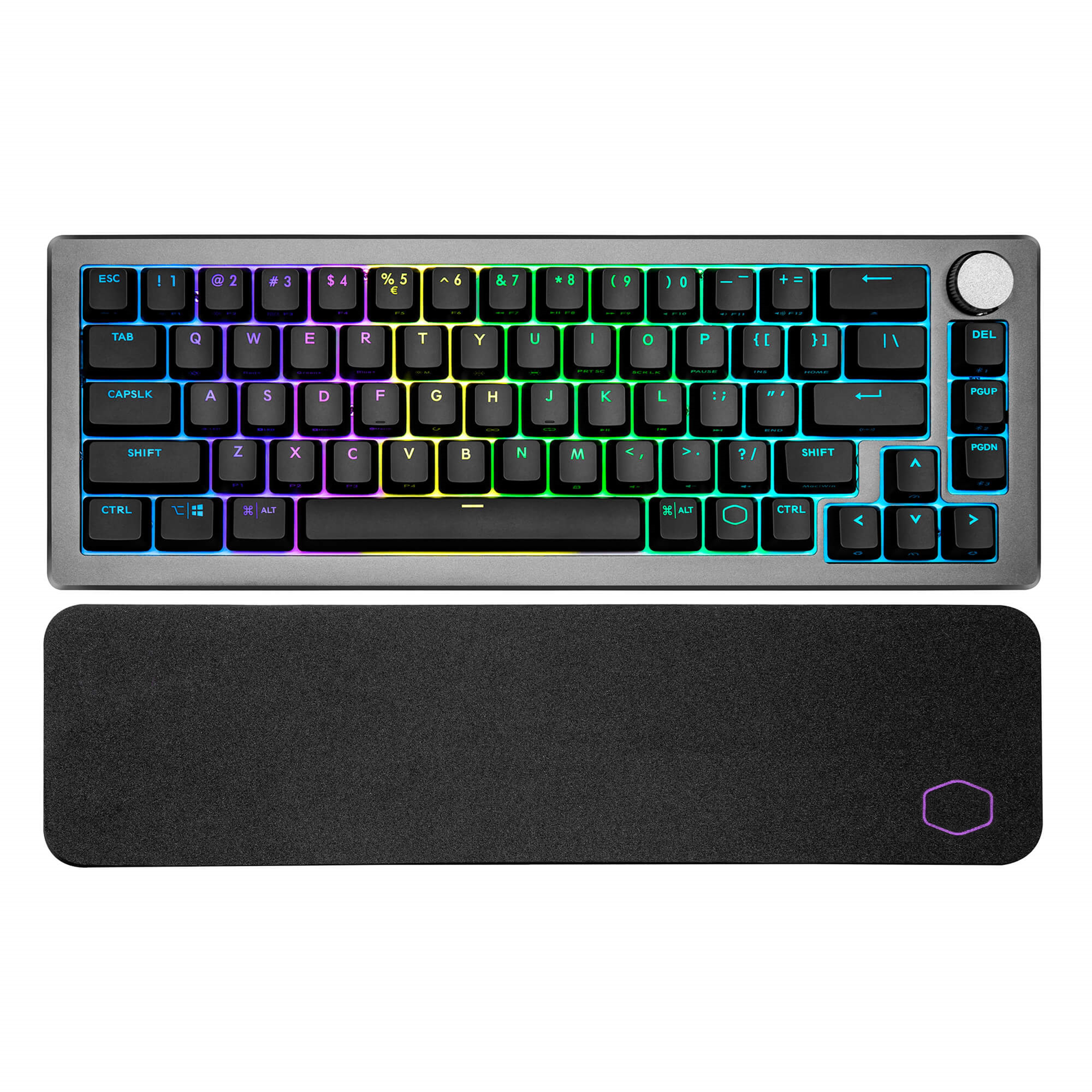 Eine mechanische Tastatur mit hintergrundbeleuchteten Tasten. Die Tastatur hat einen silbernen Rahmen und eine Handballenauflage.