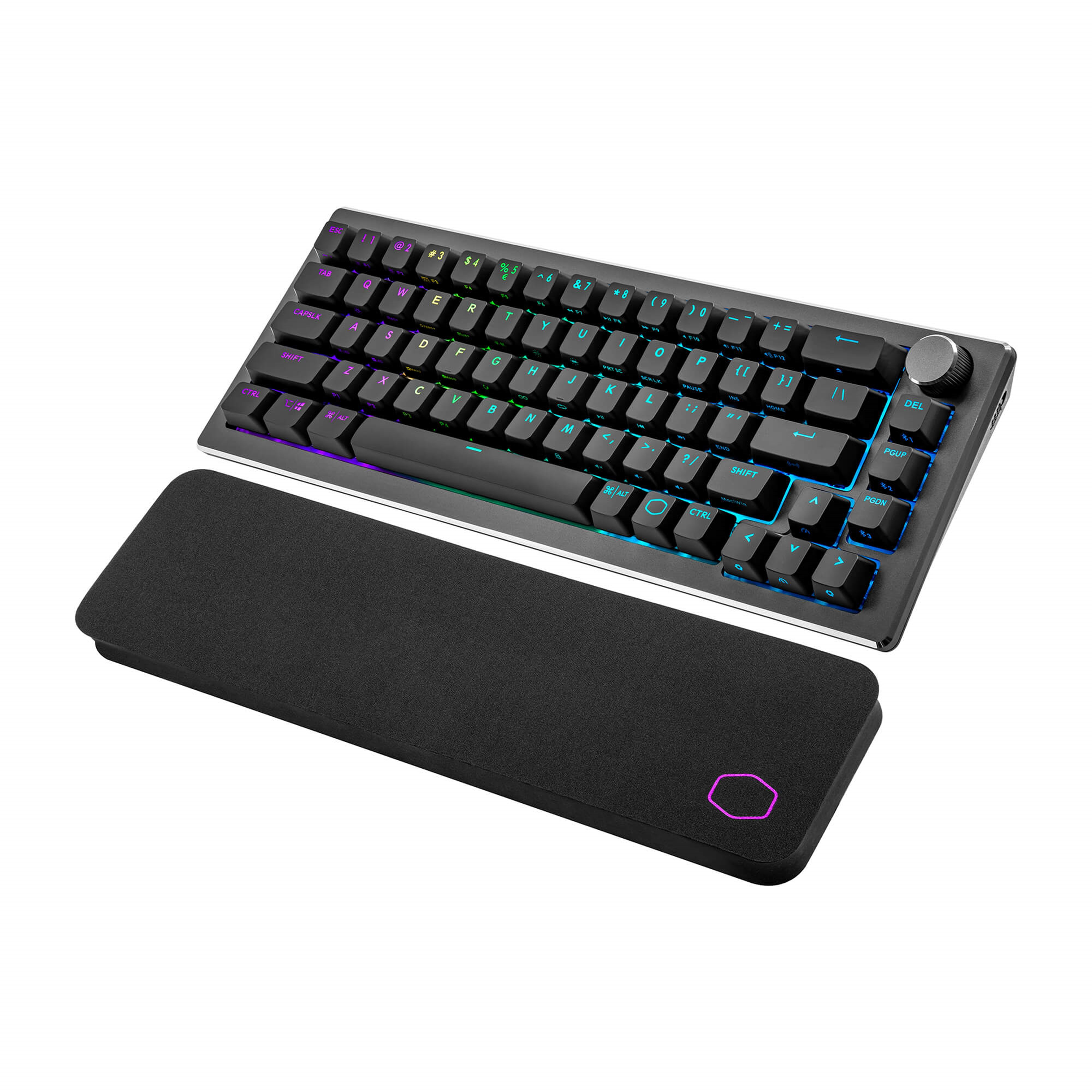 Eine schwarze mechanische Tastatur mit Hintergrundbeleuchtung und Handballenauflage.
