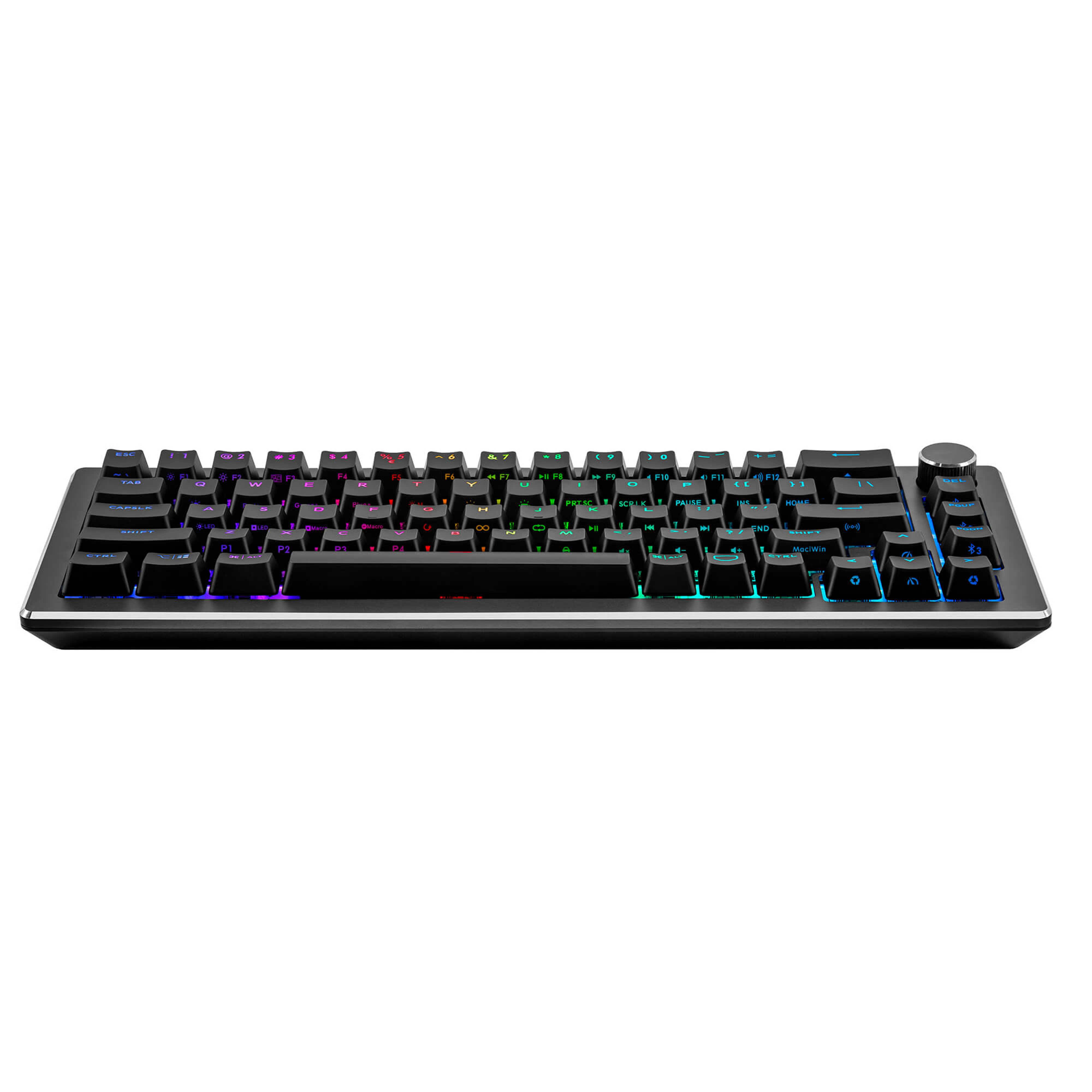 Eine schwarze Tastatur mit farbigen Tasten und Lautstärkeregler.