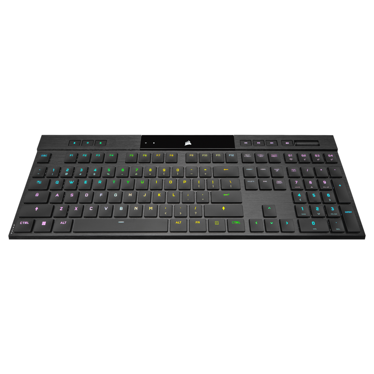 Teclado negro con teclas coloridas, fondo blanco, toma en ángulo.