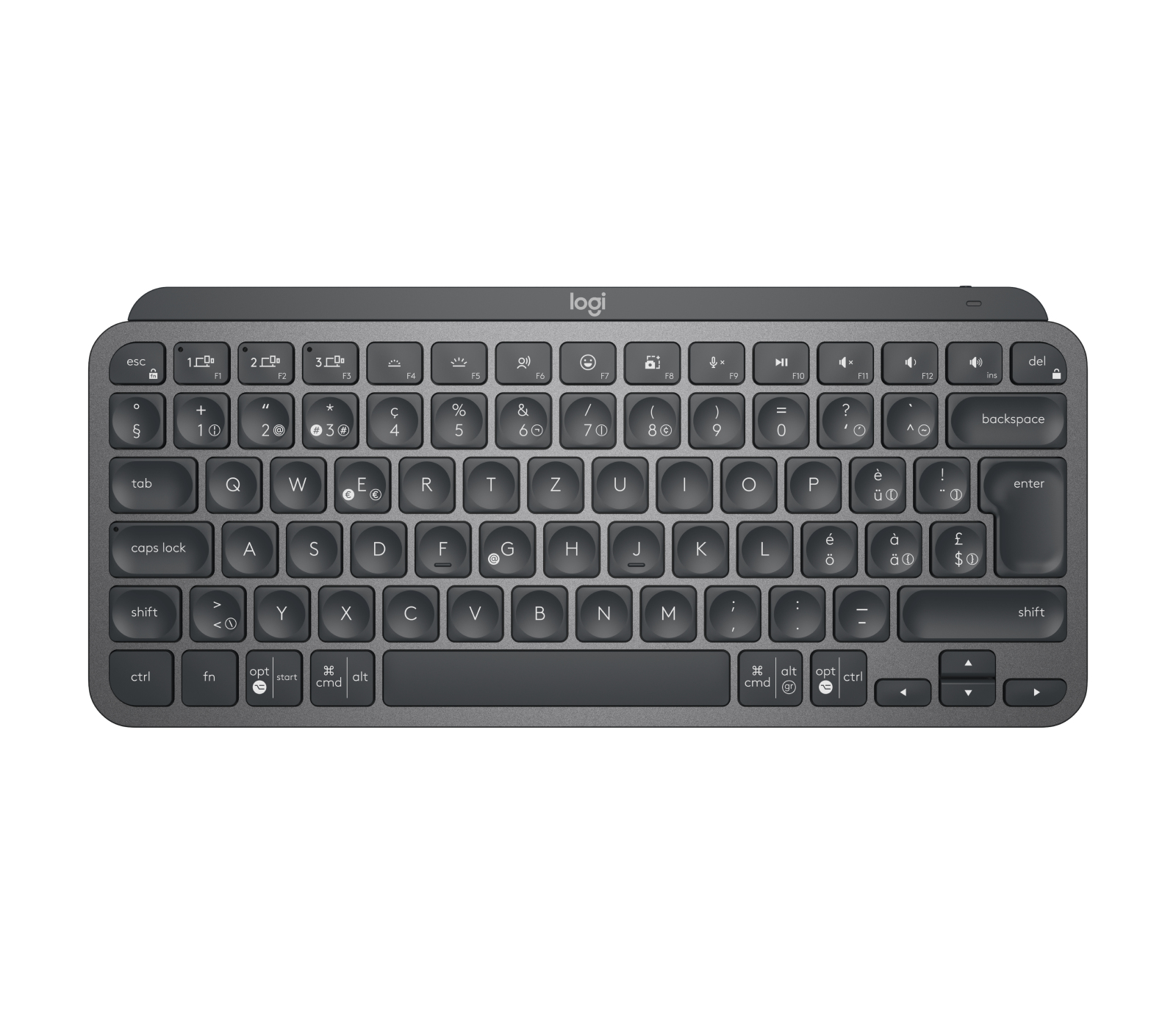 Tastiera Logitech grigia con tasti bianchi, su sfondo bianco. Tastiera full-size.