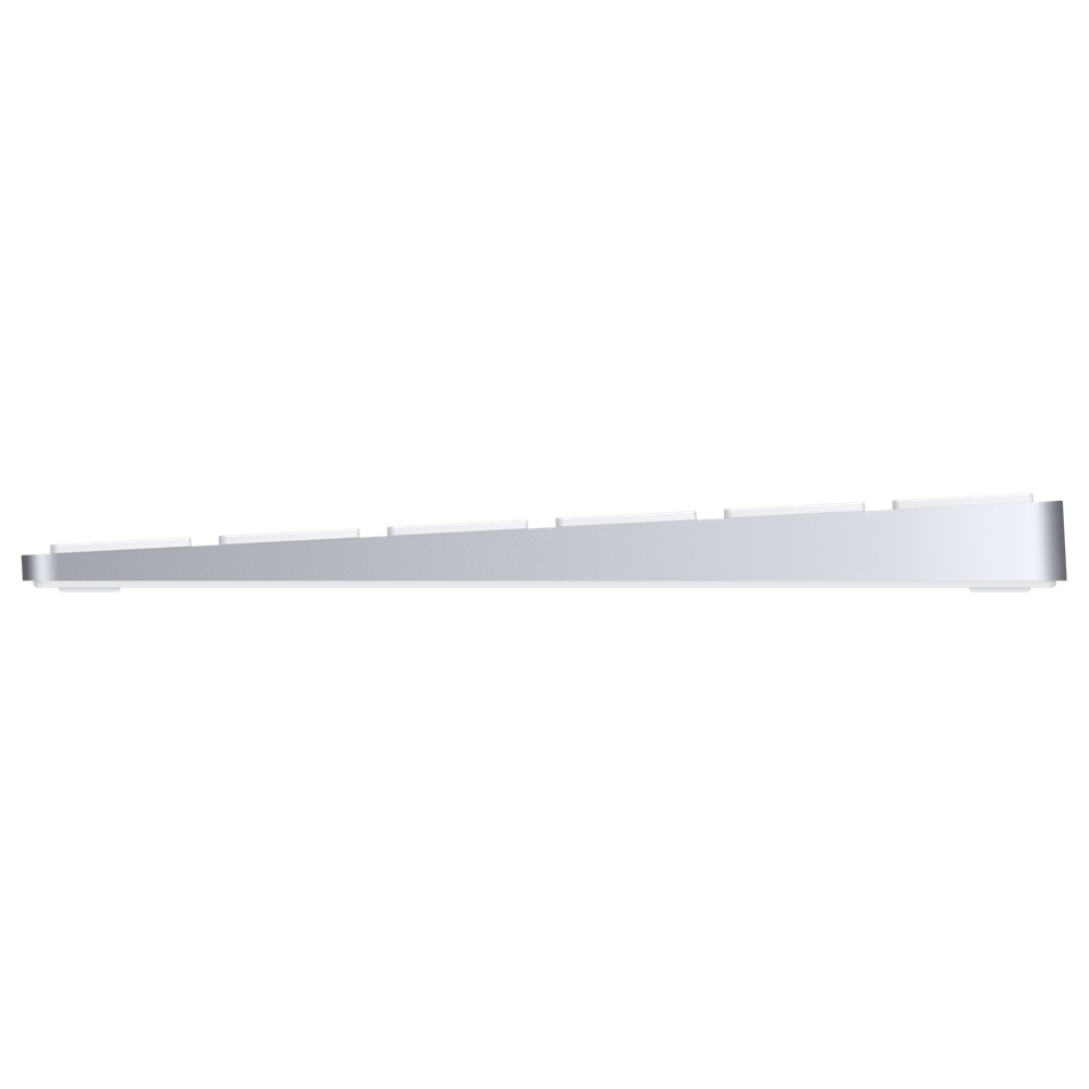 Tastiera Apple Magic Keyboard argentata su sfondo bianco, vista laterale.