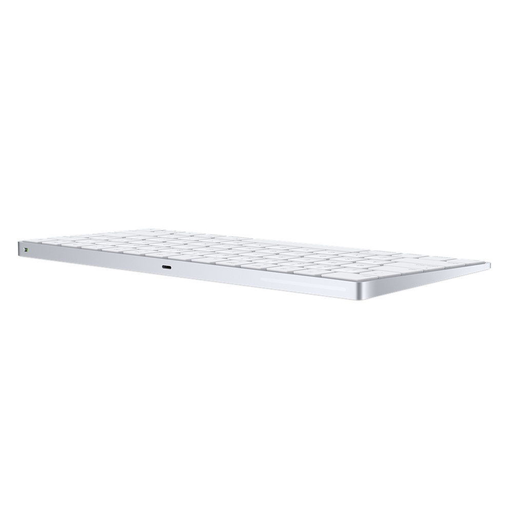 Eine silberne und weiße Magic Keyboard, von der Seite gesehen.