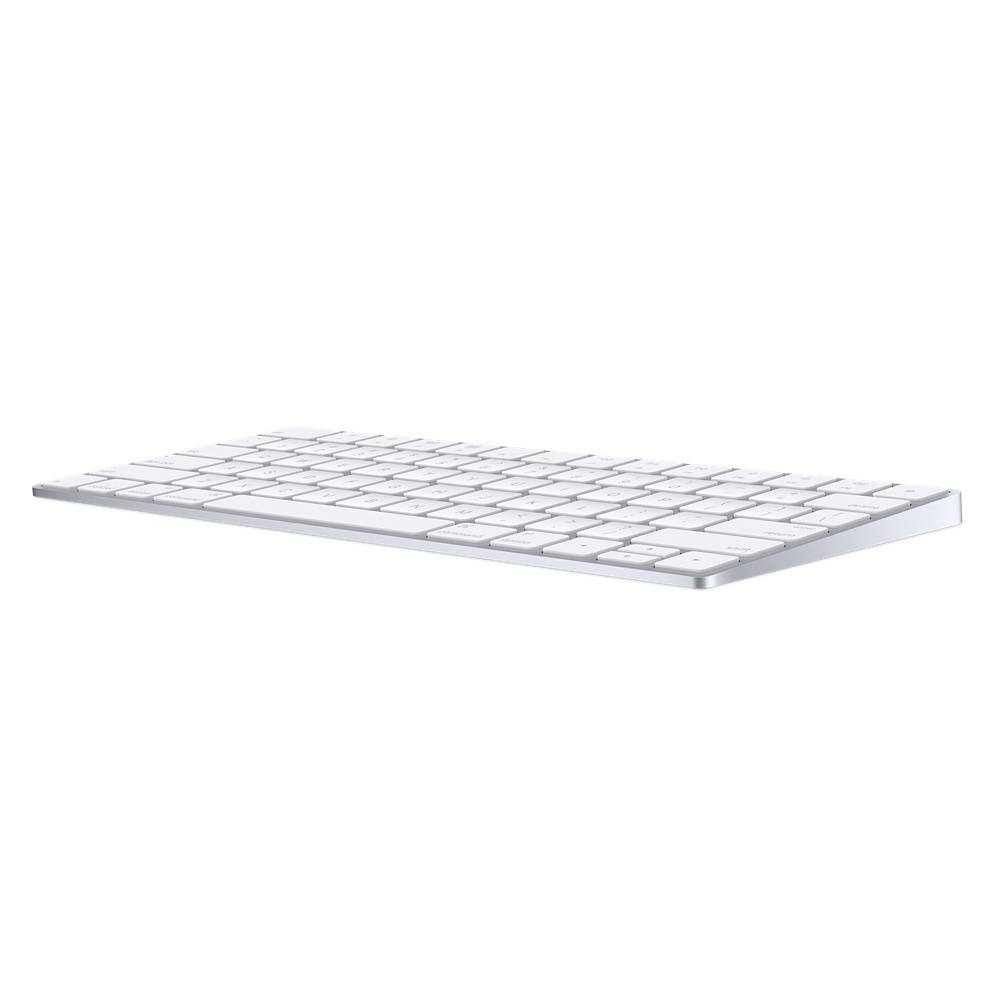 Eine weiße Tastatur mit silbernem Rand auf weißem Hintergrund. Es ist ein schlankes, minimalistisches Design.