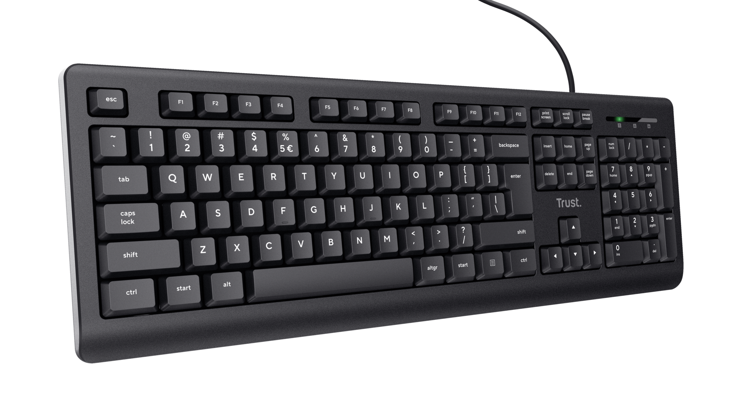 Schwarze Tastatur mit weißen Buchstaben auf den Tasten. Schwarzer Hintergrund.