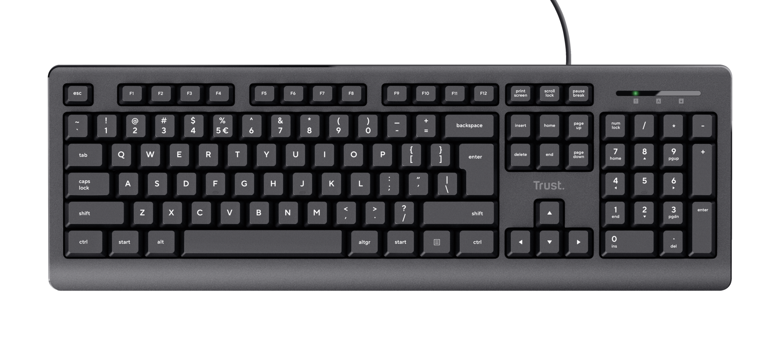 Schwarze Tastatur mit weißen Buchstaben auf den Tasten. Schwarzer Hintergrund.