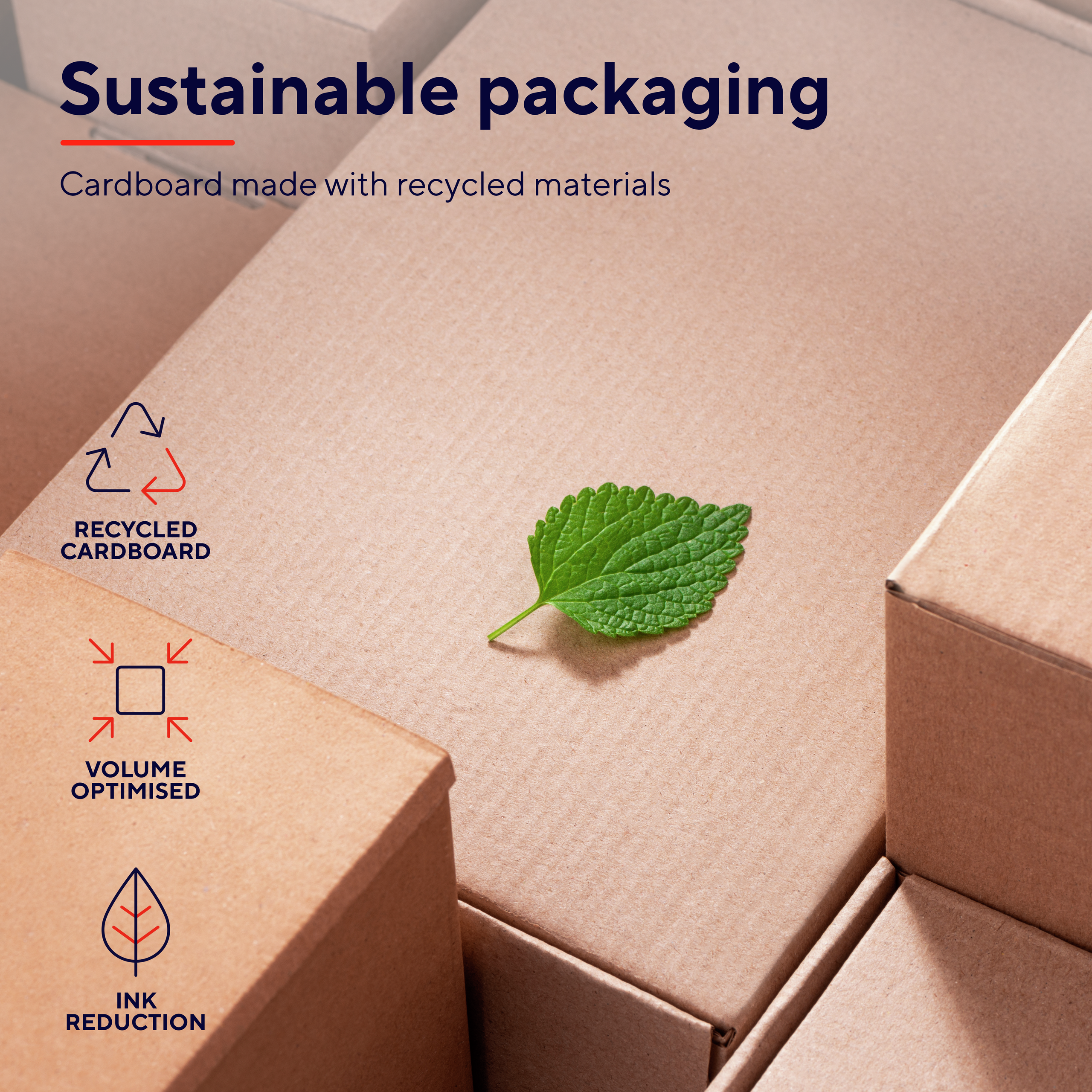Kartons mit Text über nachhaltige Verpackung und einem grünen Blatt.
