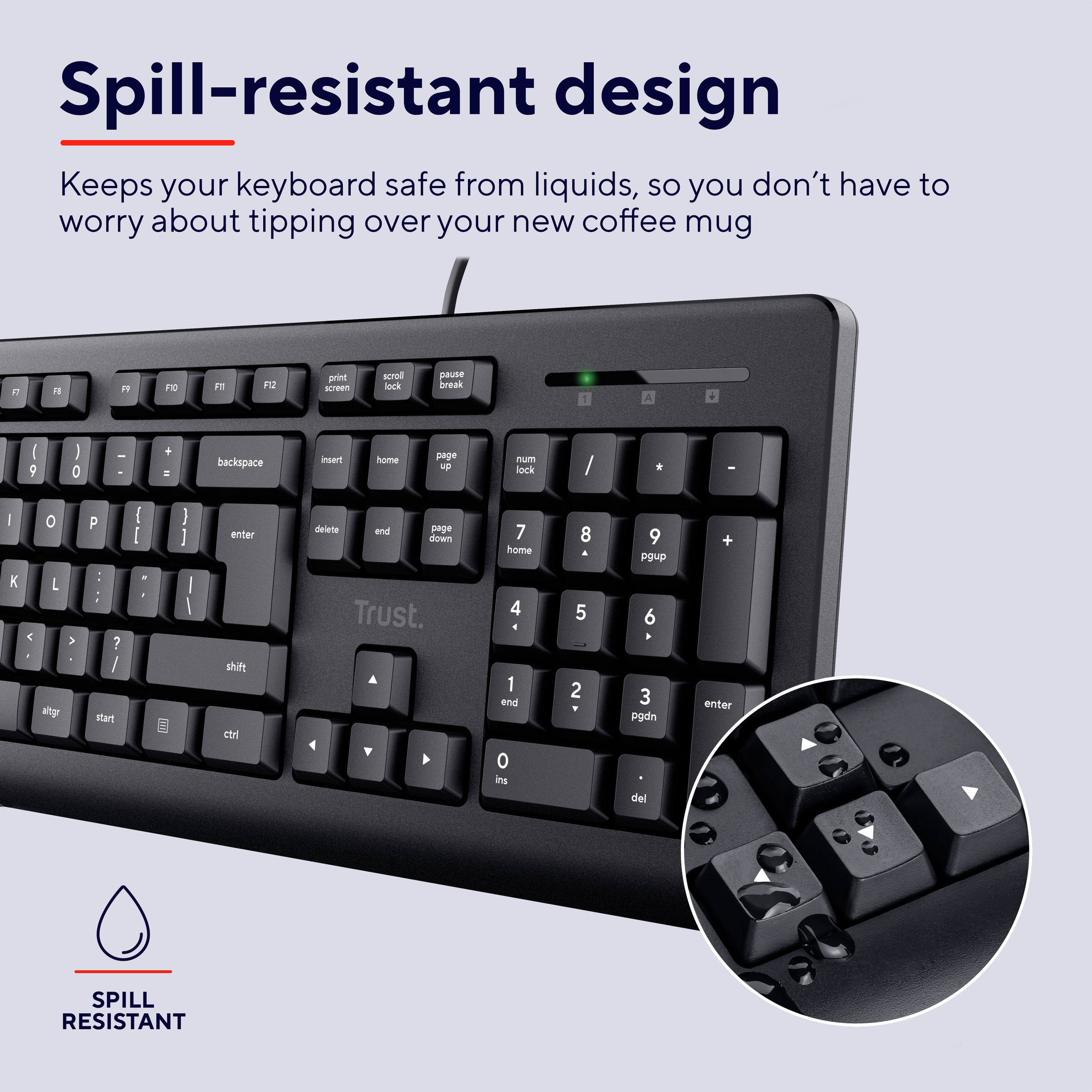 Nahaufnahme einer schwarzen Tastatur mit Wassertropfen. Weißer Hintergrund.