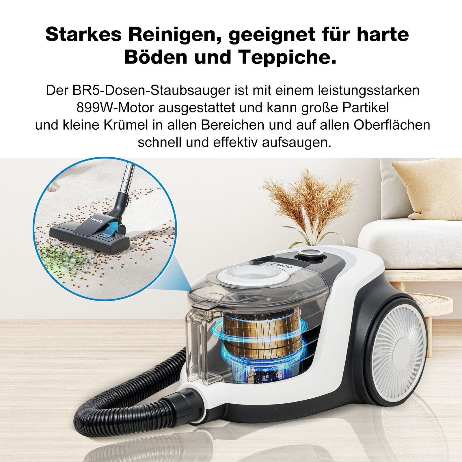 Ein Staubsauger mit Diagramm, umgeben von einer Raumumgebung. Eine Nahaufnahme zeigt den Staubsaugerkopf und Ablagerungen.