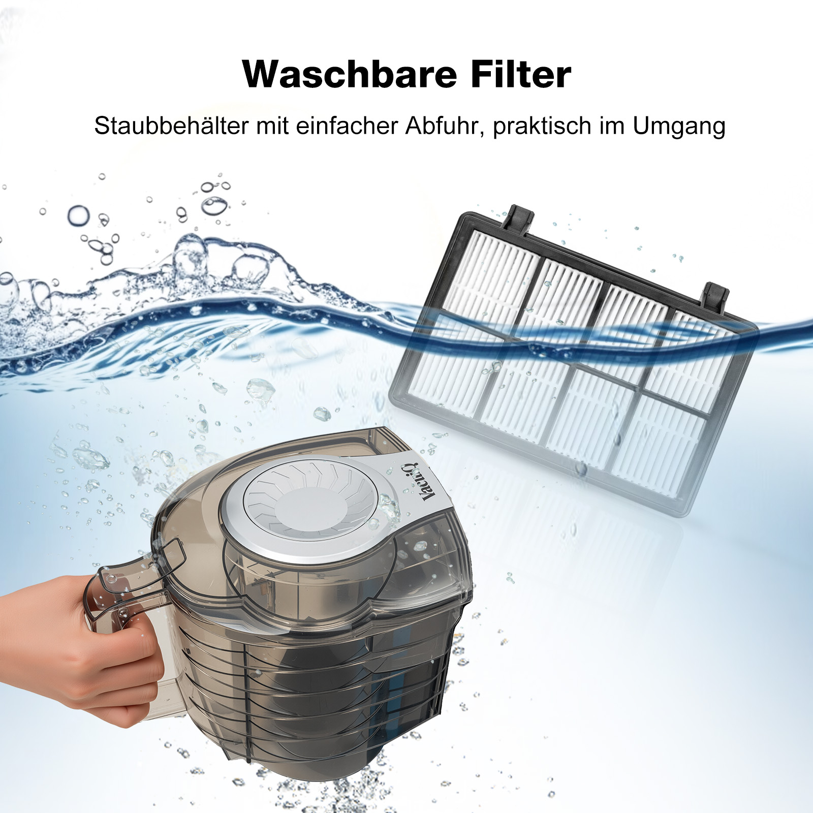 Eine Hand, die ein Staubsaugerteil über Wasser hält, mit einem Filterelement.