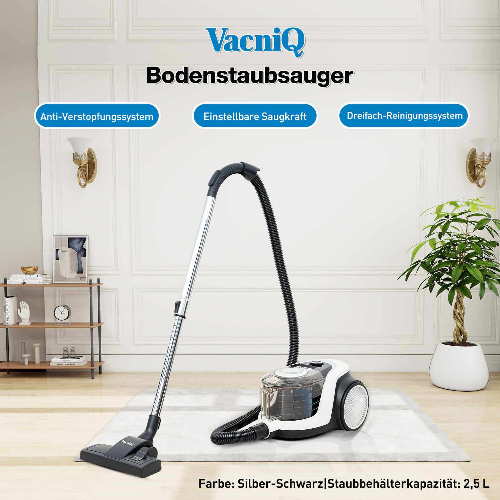 Staubsauger mit schwarz-weißem Gehäuse und dem Label VacniQ.
