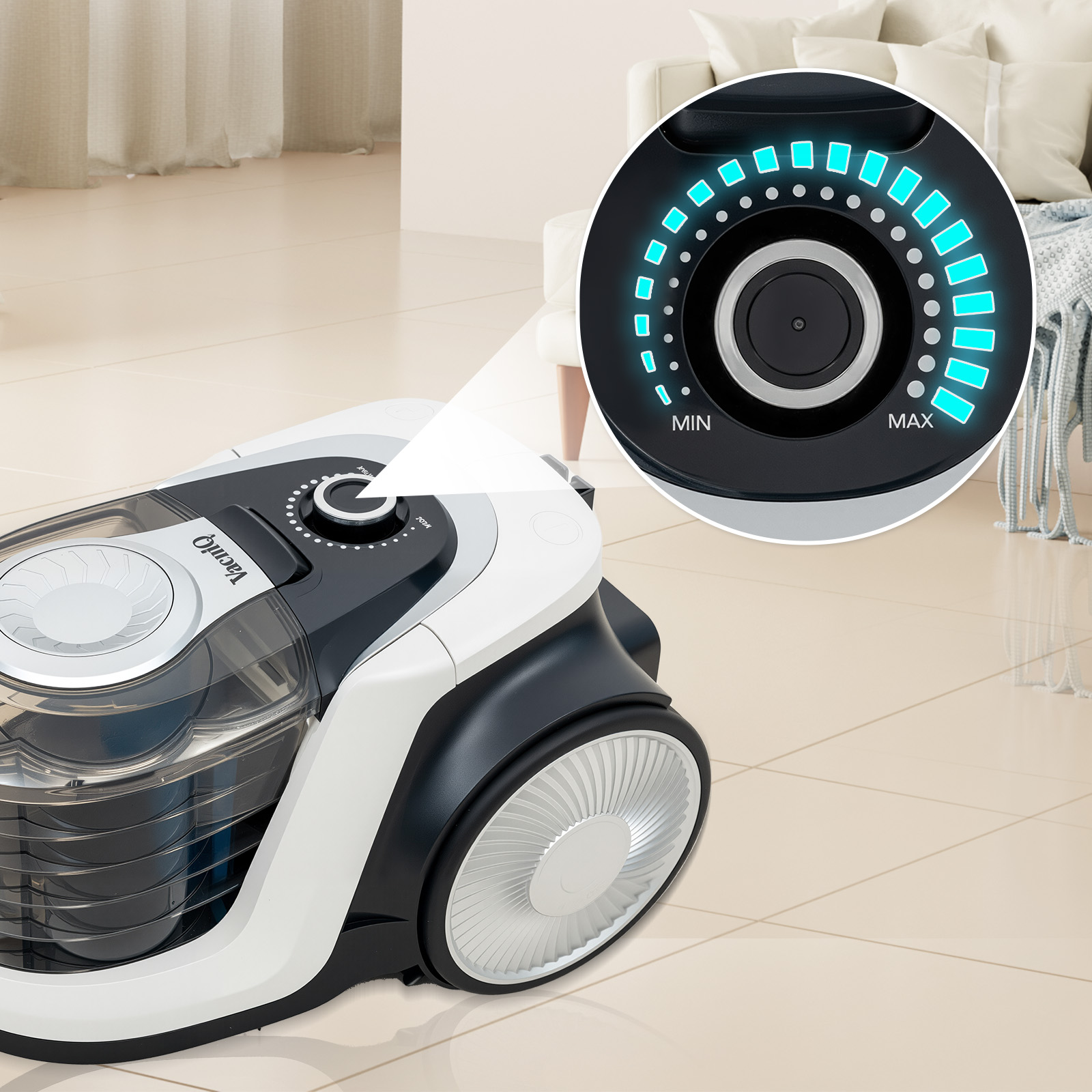 Biało-czarny odkurzacz na kafelkowej podłodze. Pokrętło pokazuje ustawienia mocy ssania.