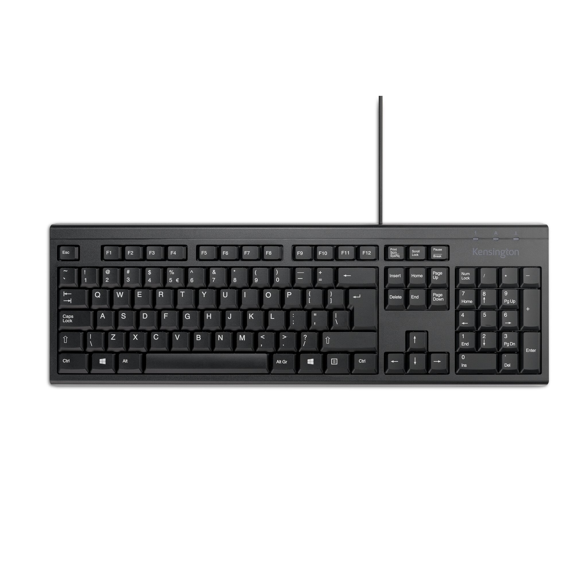 A black Kensington keyboard with white keys and a wired connection. White background.