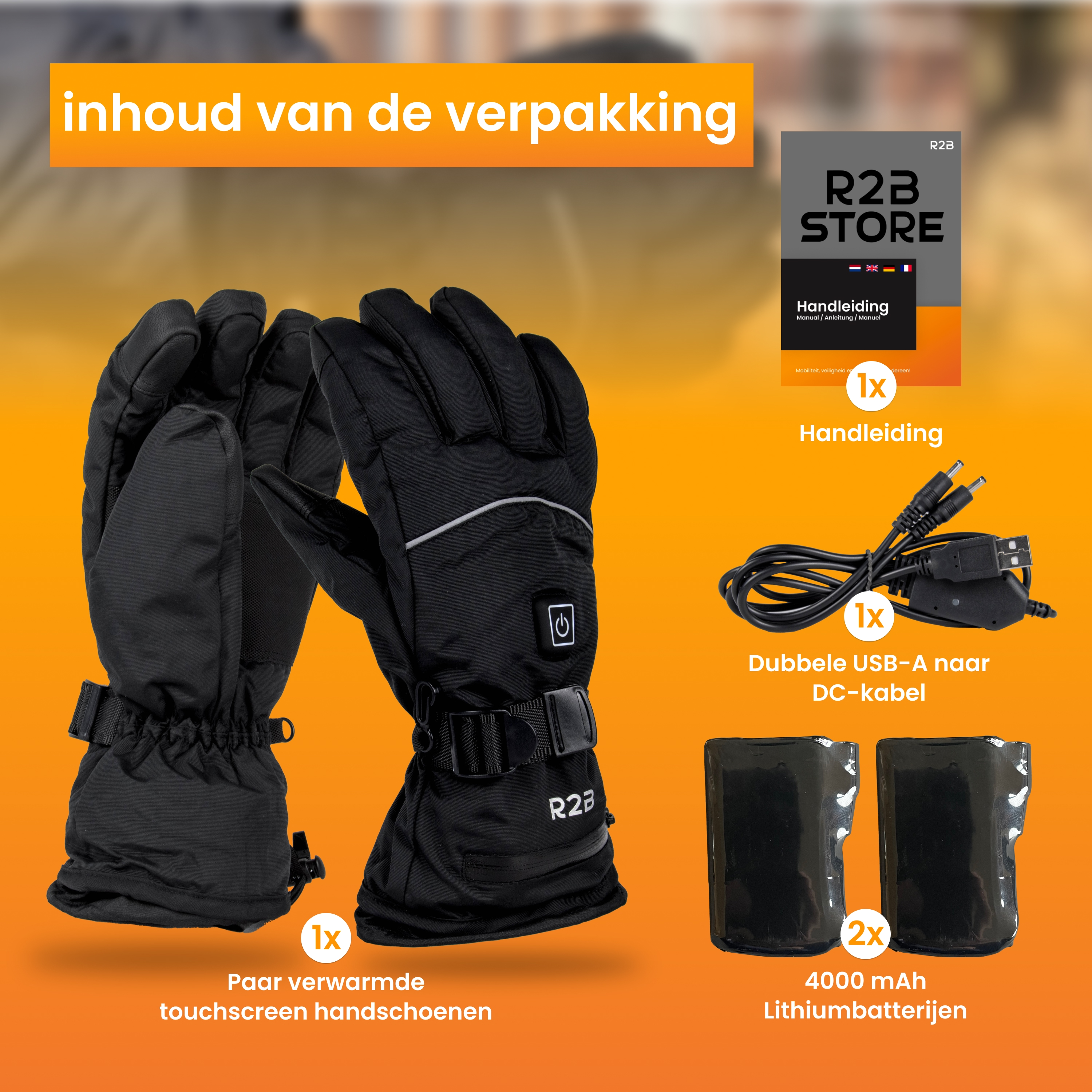 Black heated gloves, a USB cable, and two battery packs. White background.