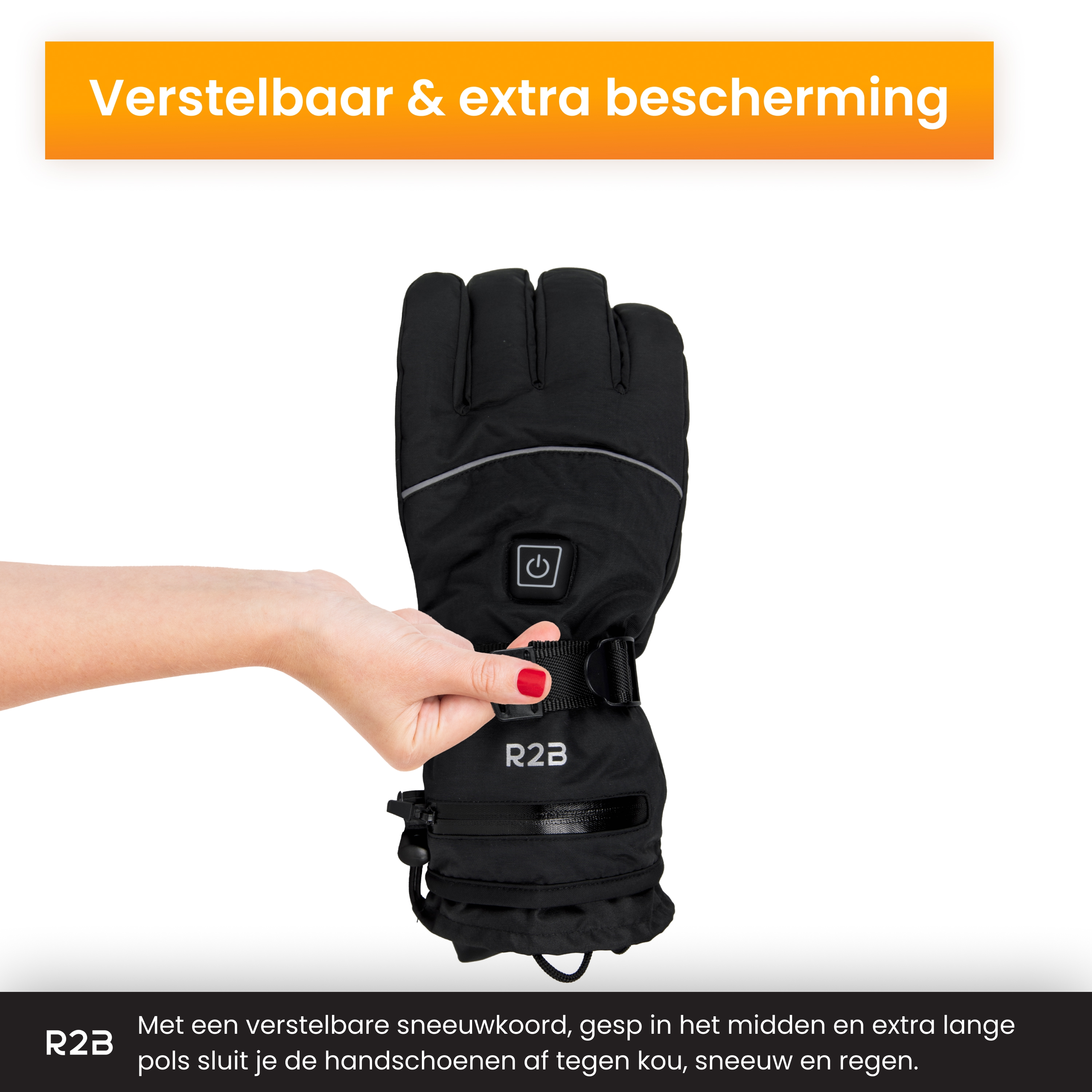 Een hand met een zwarte handschoen en een rode nagel, die de kenmerken van de handschoen laat zien.