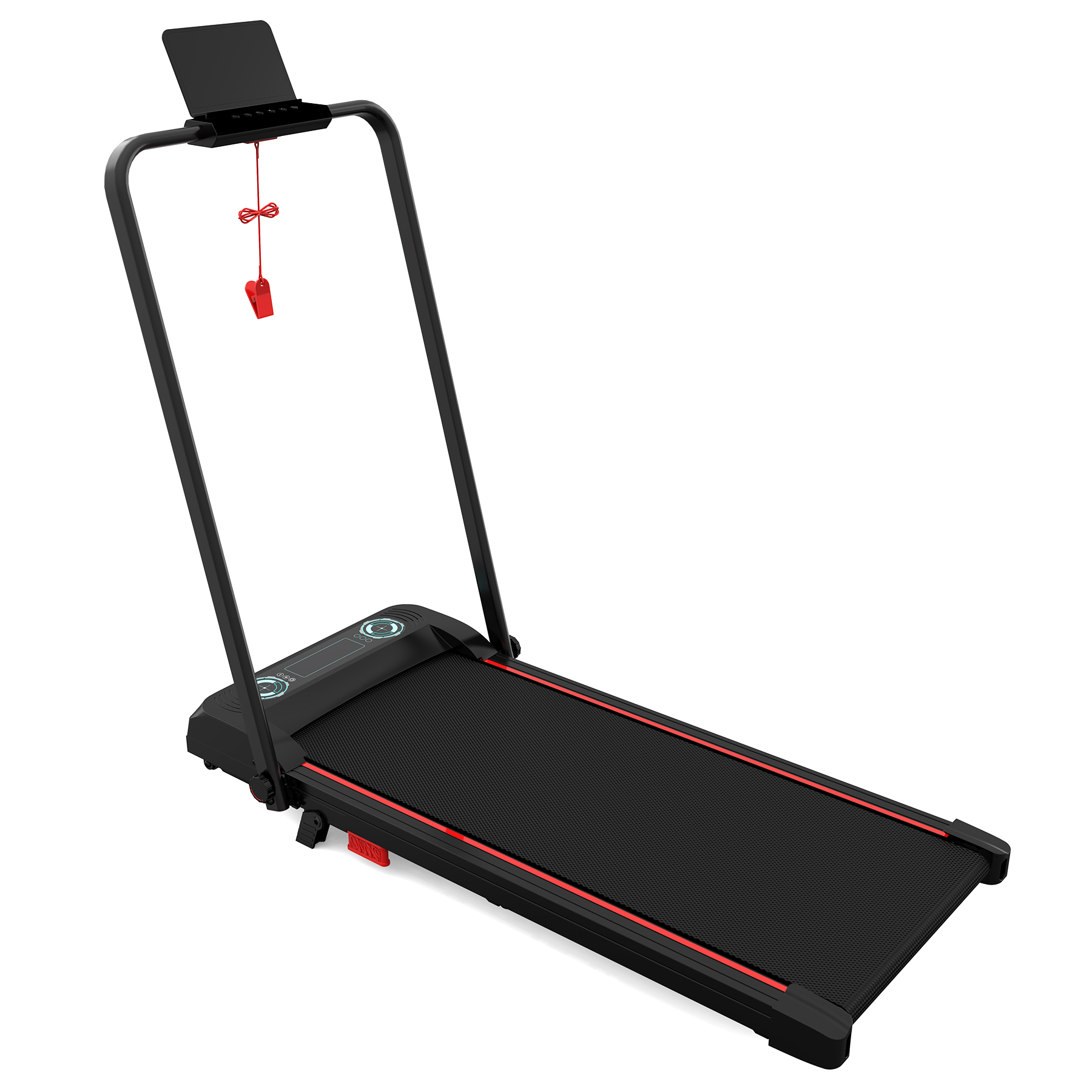 Tapis roulant nero con dettagli rossi, con pannello di controllo e chiave di sicurezza rossa.